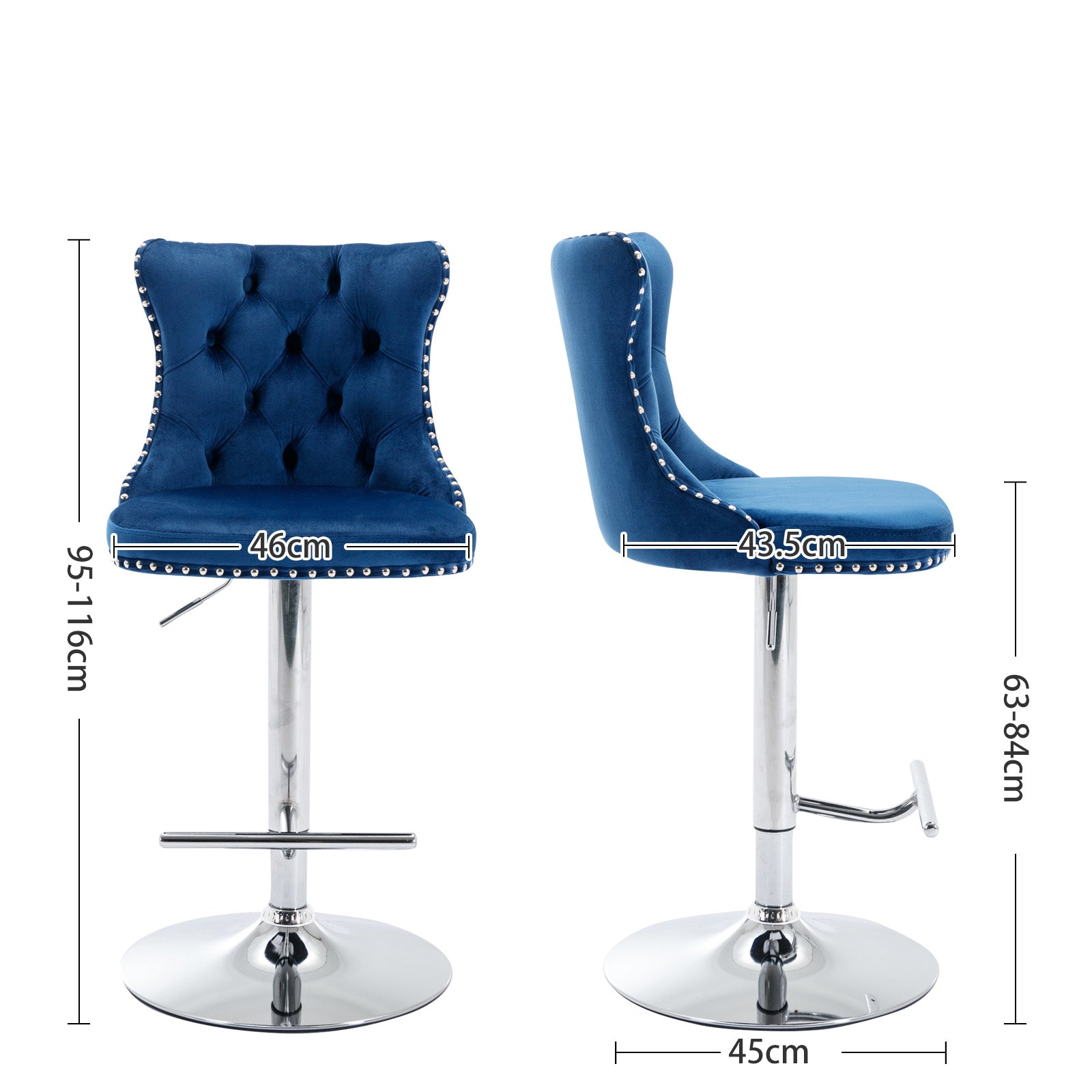 Swivel Velvet Barstools Adjustable Height Tufted Chrome Base Set of 2 - Blue