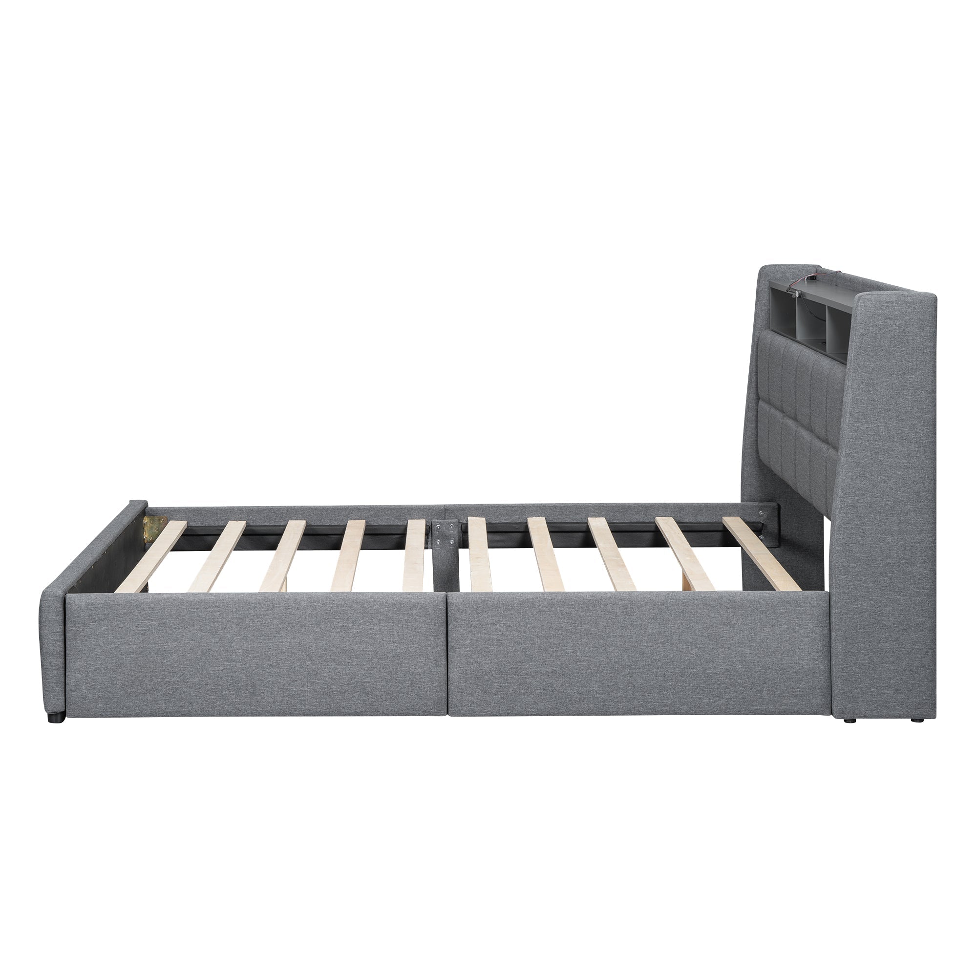 Upholstered Bed 140x200cm LED Light, Drawers, USB/Socket, Built-in Storage - Linen Grey