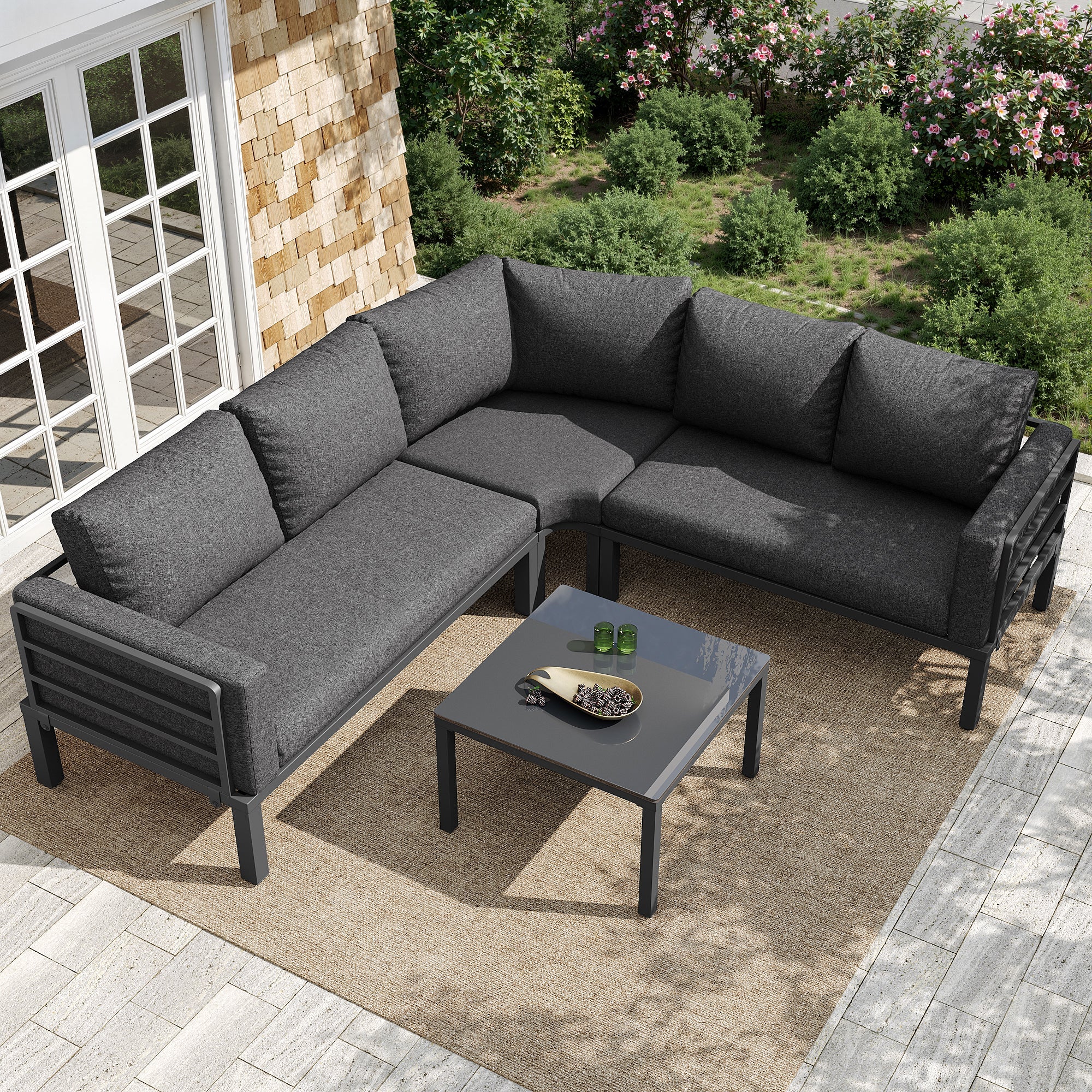 Garden Furniture Set 4-5 Seater with Tempered Glass Coffee Table Adjustable Legs Galvanized Iron Grey Cushions