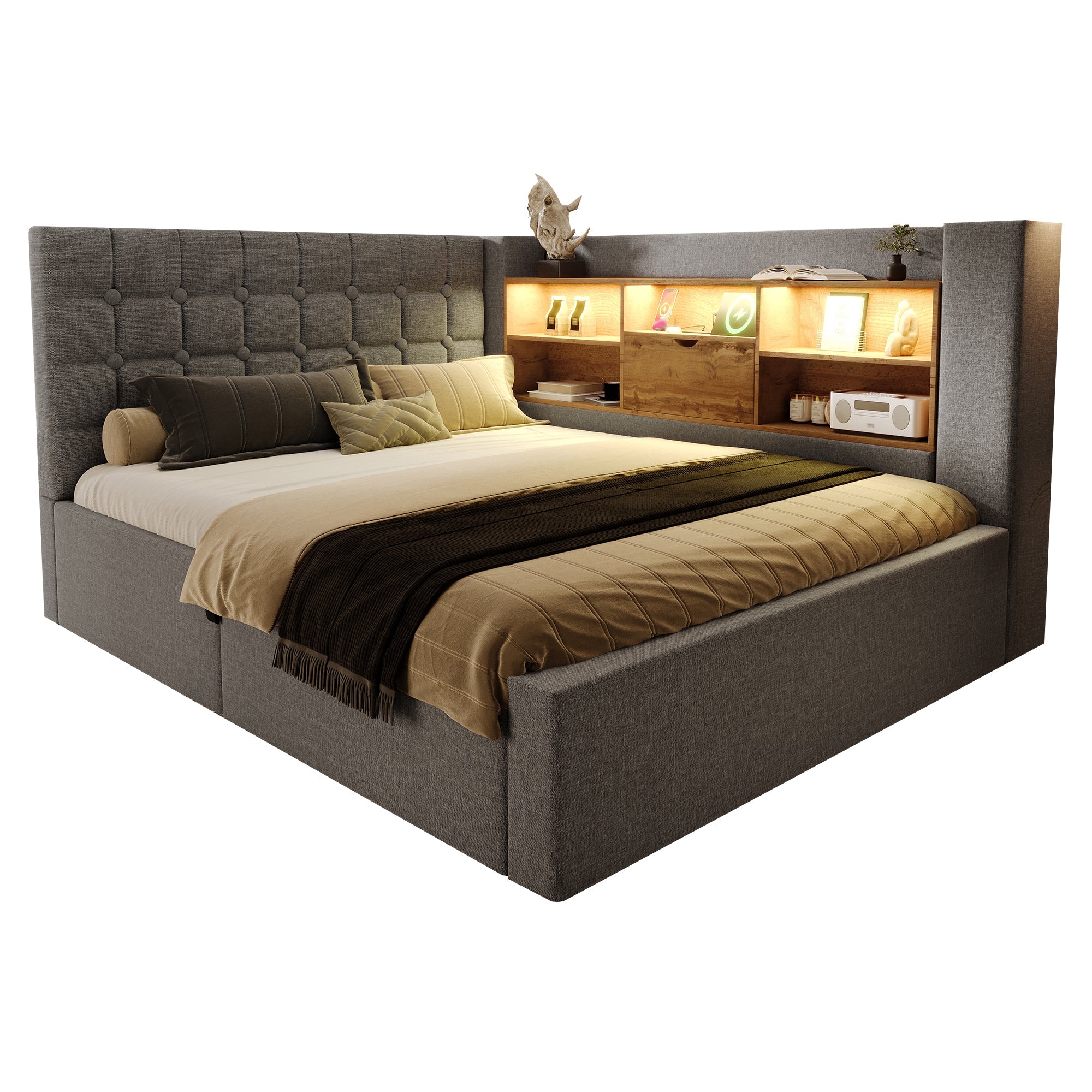 Upholstered Double Bed with LED, Hydraulic Storage, L-Shaped Headboard and Mattress, 140x200cm, Grey Linen Fabric