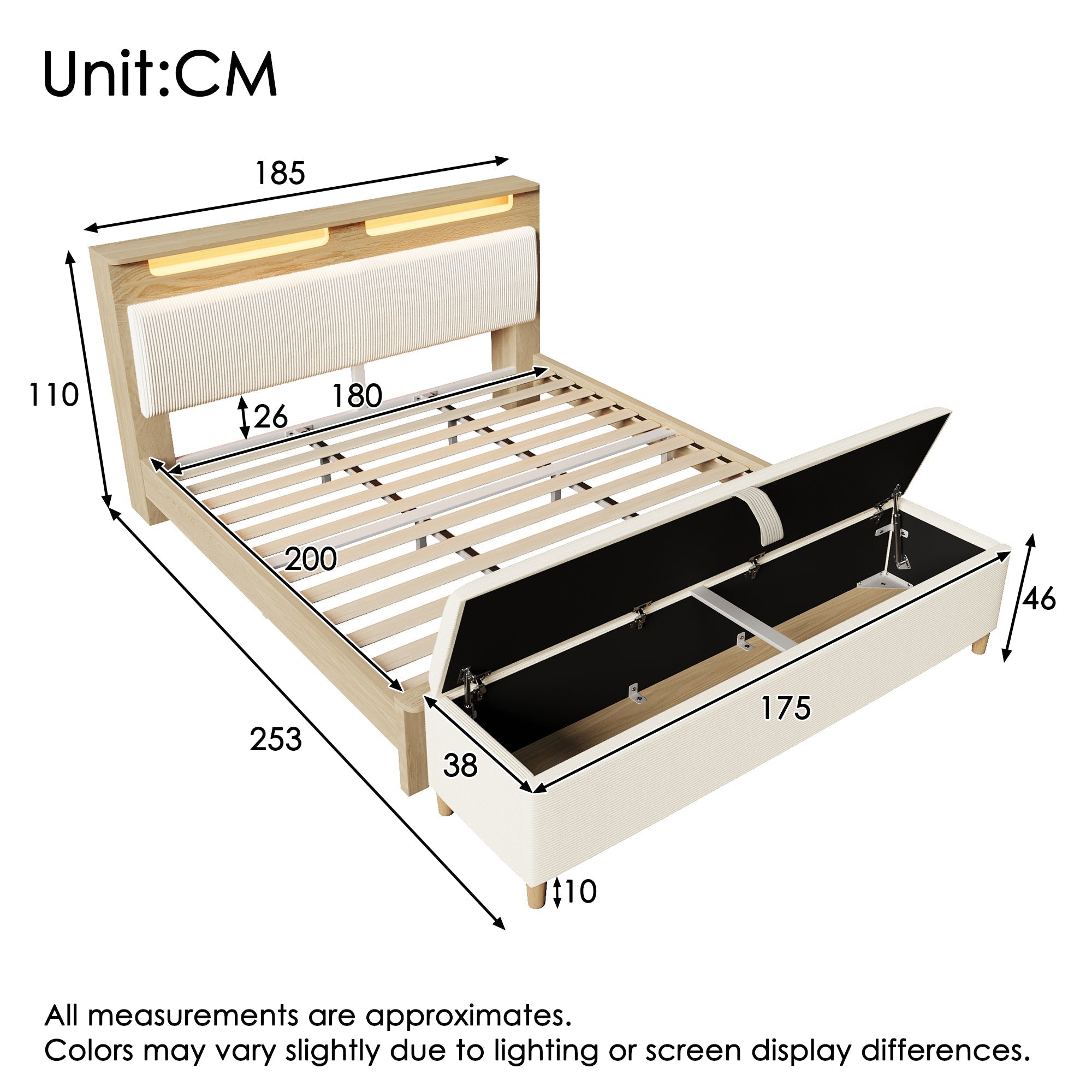 Double Wooden Bed 180x200cm, Storage Headboard, LED, Bed Bench - Beige Corduroy, Light Oak