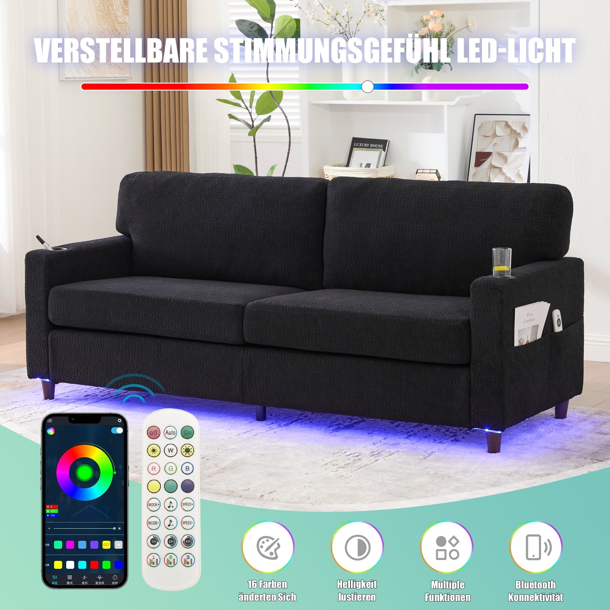 Modern 2-Seater Sofa USB-C LED Cup Holders Side Pockets - Black Chenille