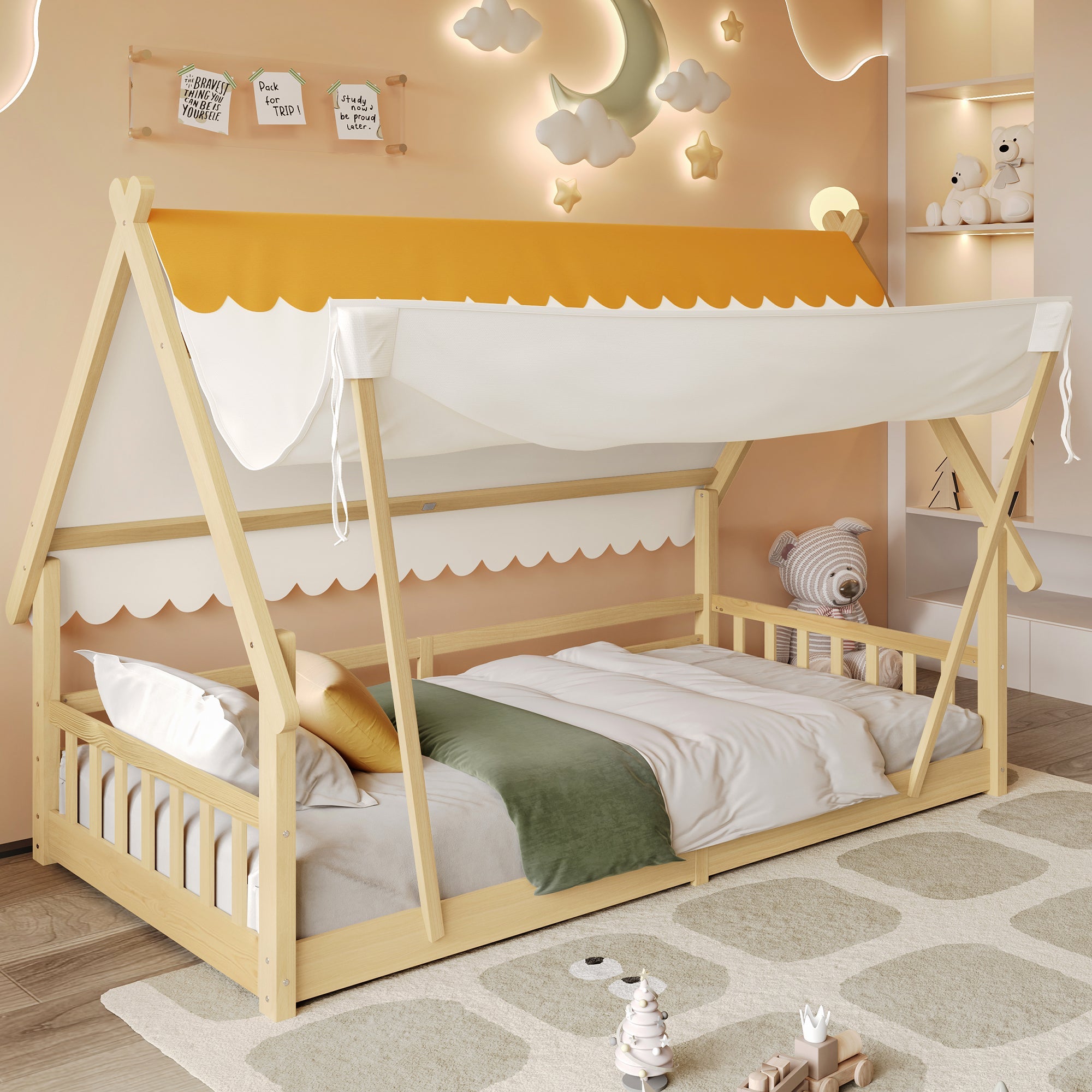 Children's Bed Single, Wooden House Design, Removable Tent, Safety Railing, Pine + Plywood, Natural, 90x190cm