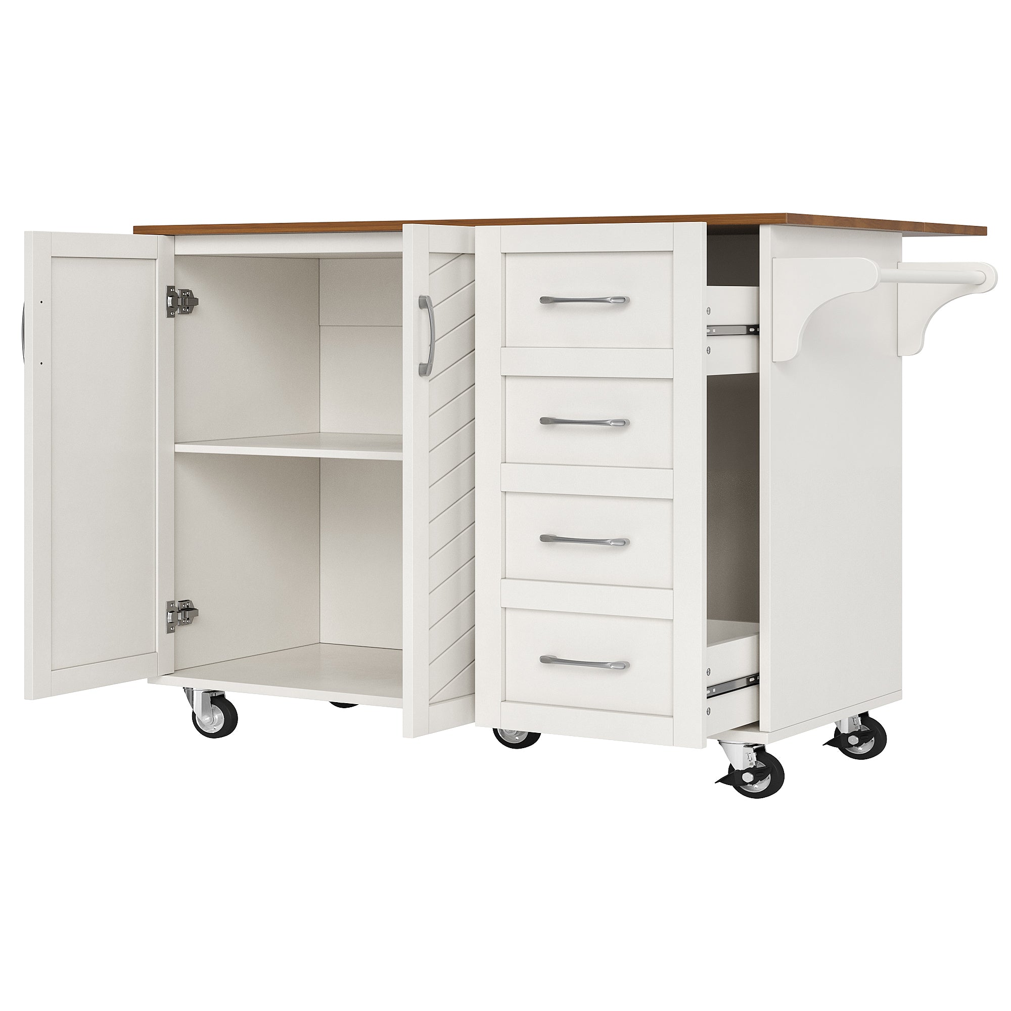 Kitchen Cart with Towel Rail, Spice Rack, Adjustable Dividers, White Wood Grain