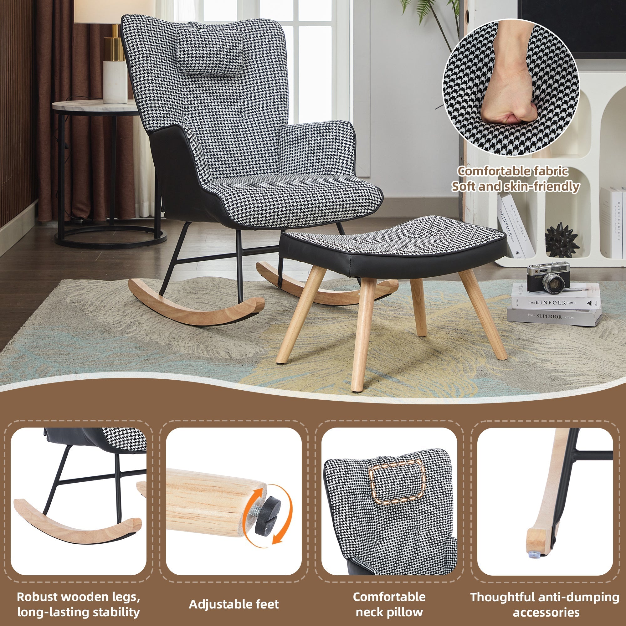 Rocking Chairs for Adults, Fabric Relaxing Recliner Chair with Solid Wood Legs