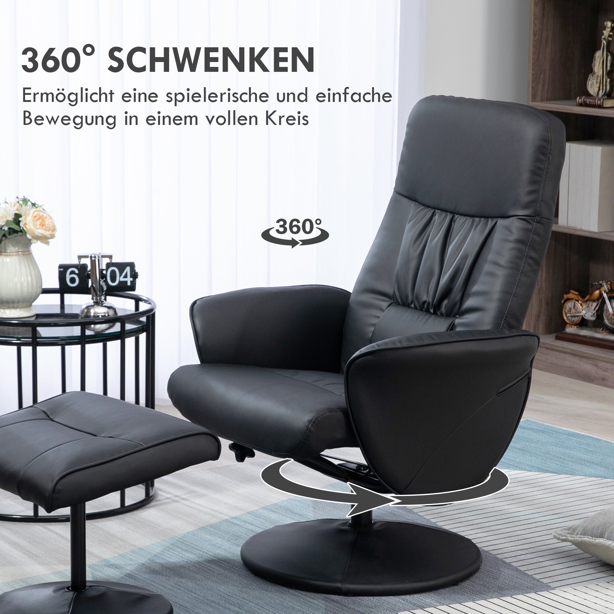 Relaxliegesessel mit Hocker, drehbarer gepolsterter Fernsehsessel, Kunstleder, Schwarz