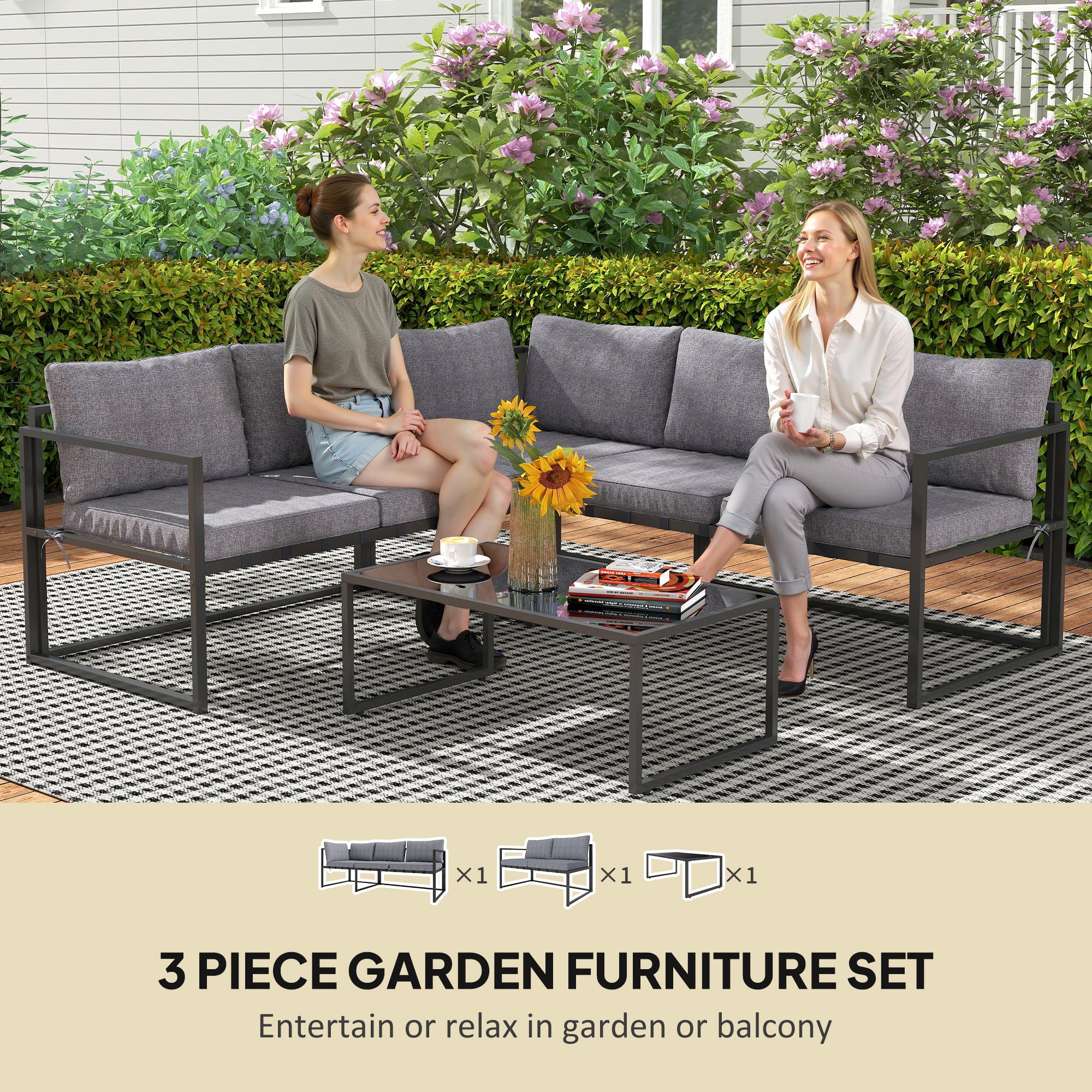 Three-Piece L Shaped Garden Sofa Set with Cushions - Grey