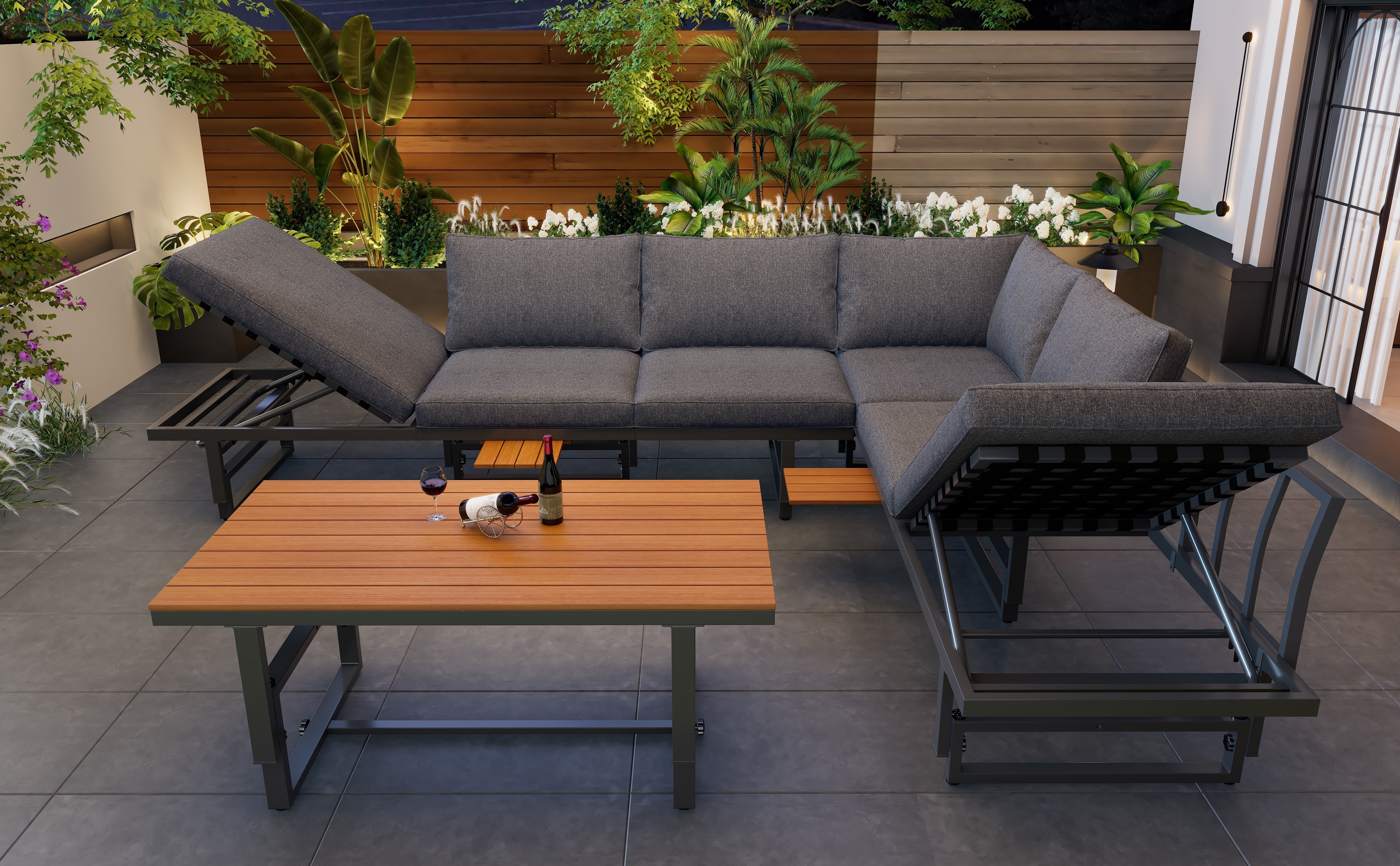 Outdoor Garden Furniture Set with Adjustable Table and Backrests, Galvanised Iron & Acacia Wood, Grey