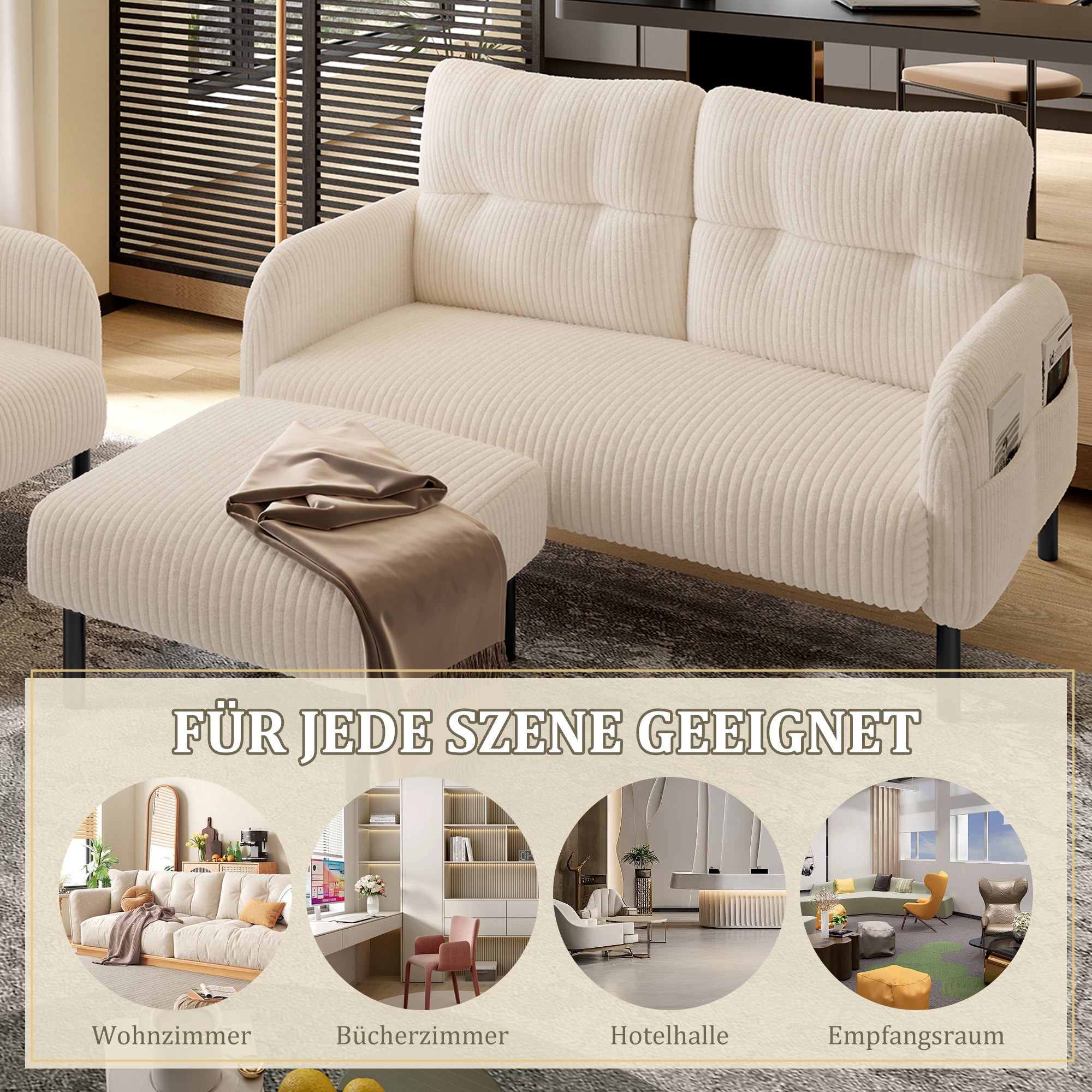 Cord 3-Piece Set Armchair Footstool 2-Seater Sofa Modular Deep Seat, Beige