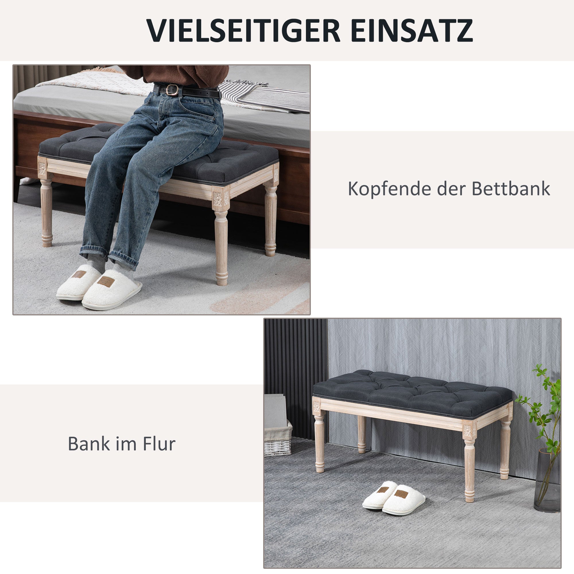 Upholstered Bench Vintage, Seat Bed Hallway with Buttons, Dark Grey Linen