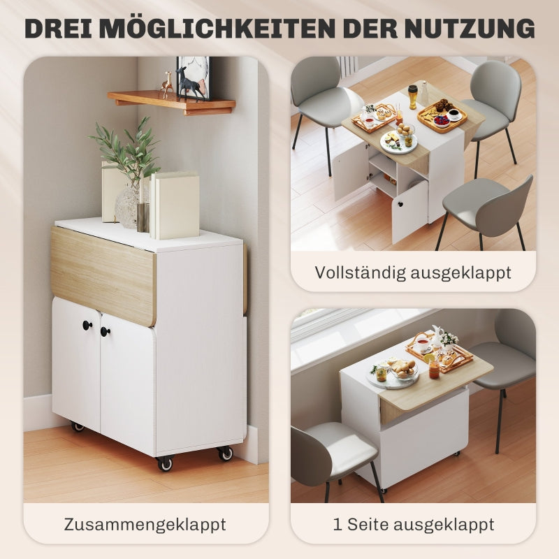 Klapptisch mit Rollschrank, zwei klappbare Seiten, 4 Rollen, Weiß + Naturholz