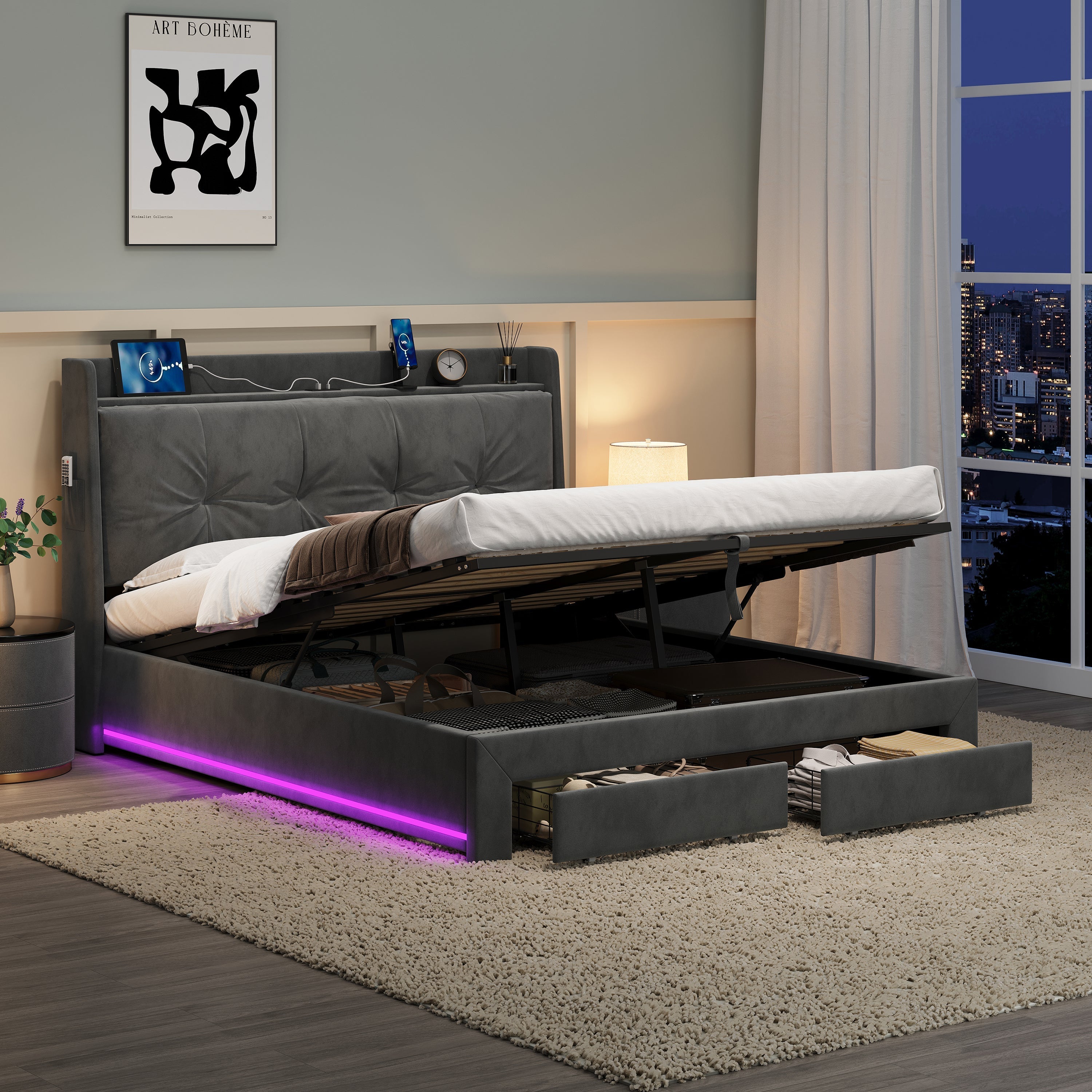 Double Upholstered Bed Frame with Hydraulic Storage, Charging Station, and RGB LED Lighting, Grey Velvet