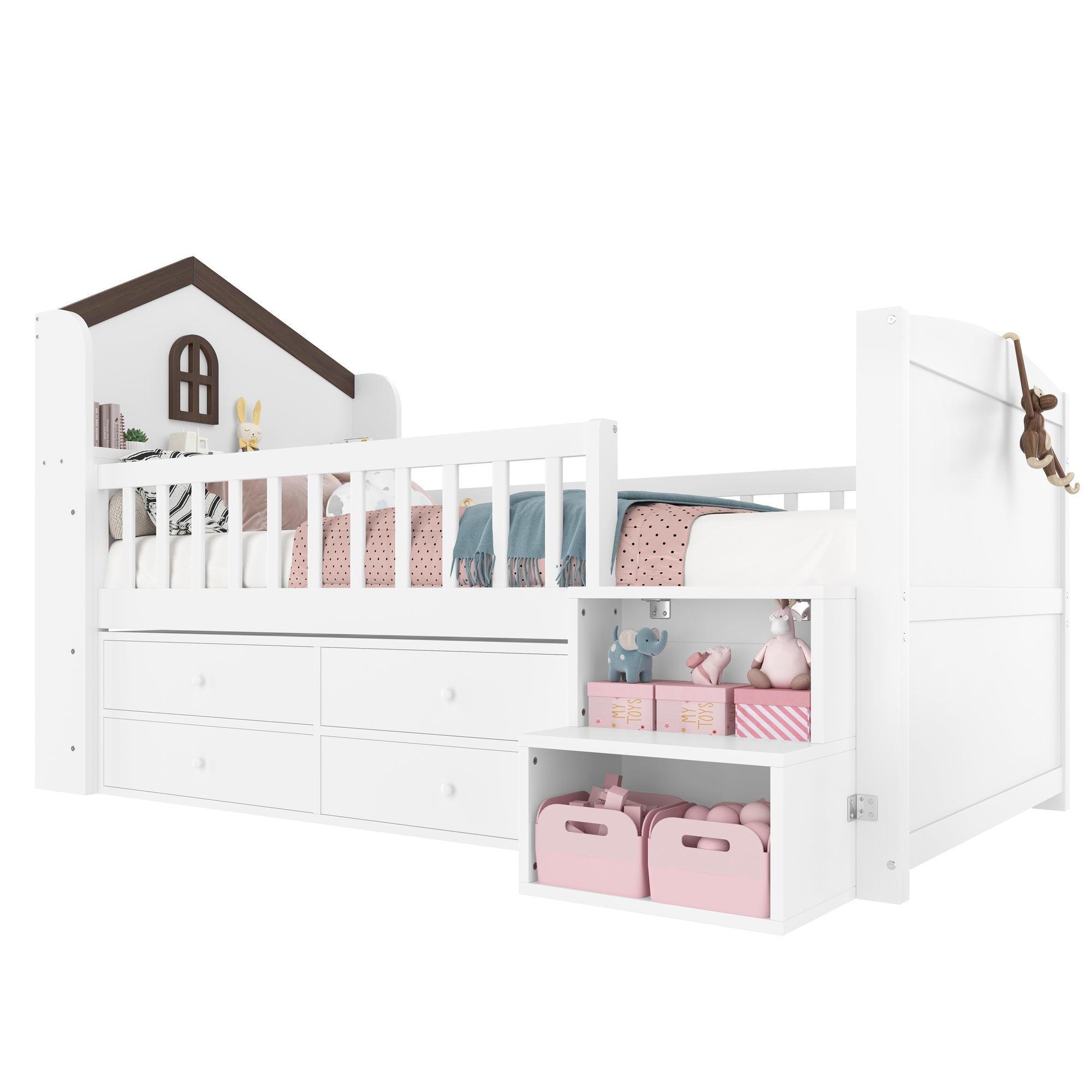 Mid-Height House Bed with Window, 4 Drawers and LED Light Strip, White