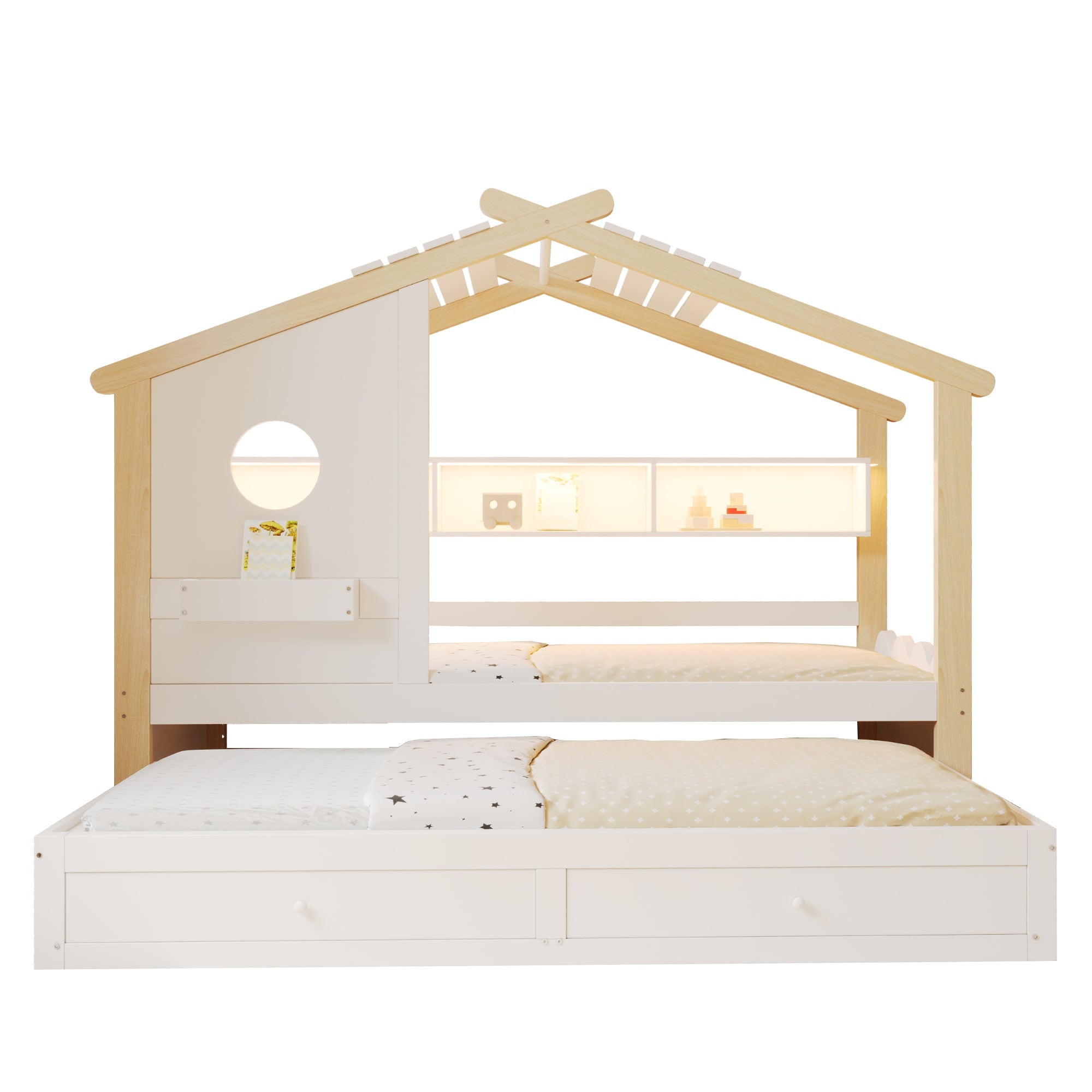 House-Shaped Children's Bed with Pull-out Bed, Drawers, USB, LED and Shelves, 90x200cm, White and Raw Wood