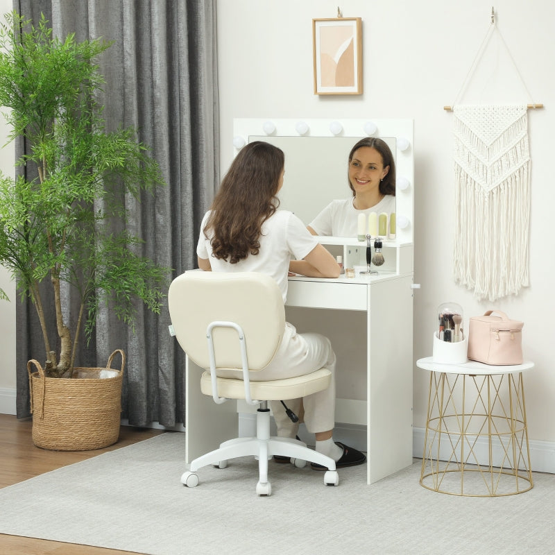 Vanity Office Chair Adjustable Armless Swivel PU Leather Cream