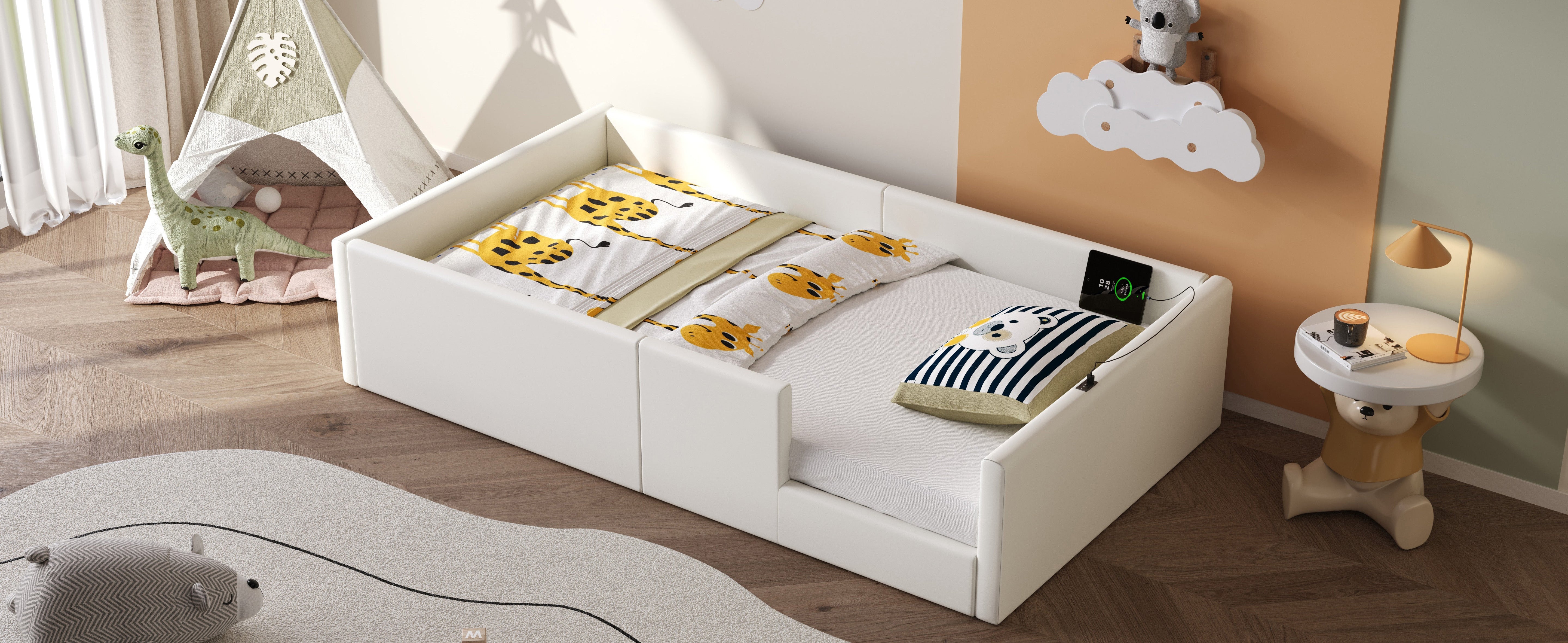 Upholstered Platform Bed with Safety Railing and Charging Station, 90x200cm, White Velvet