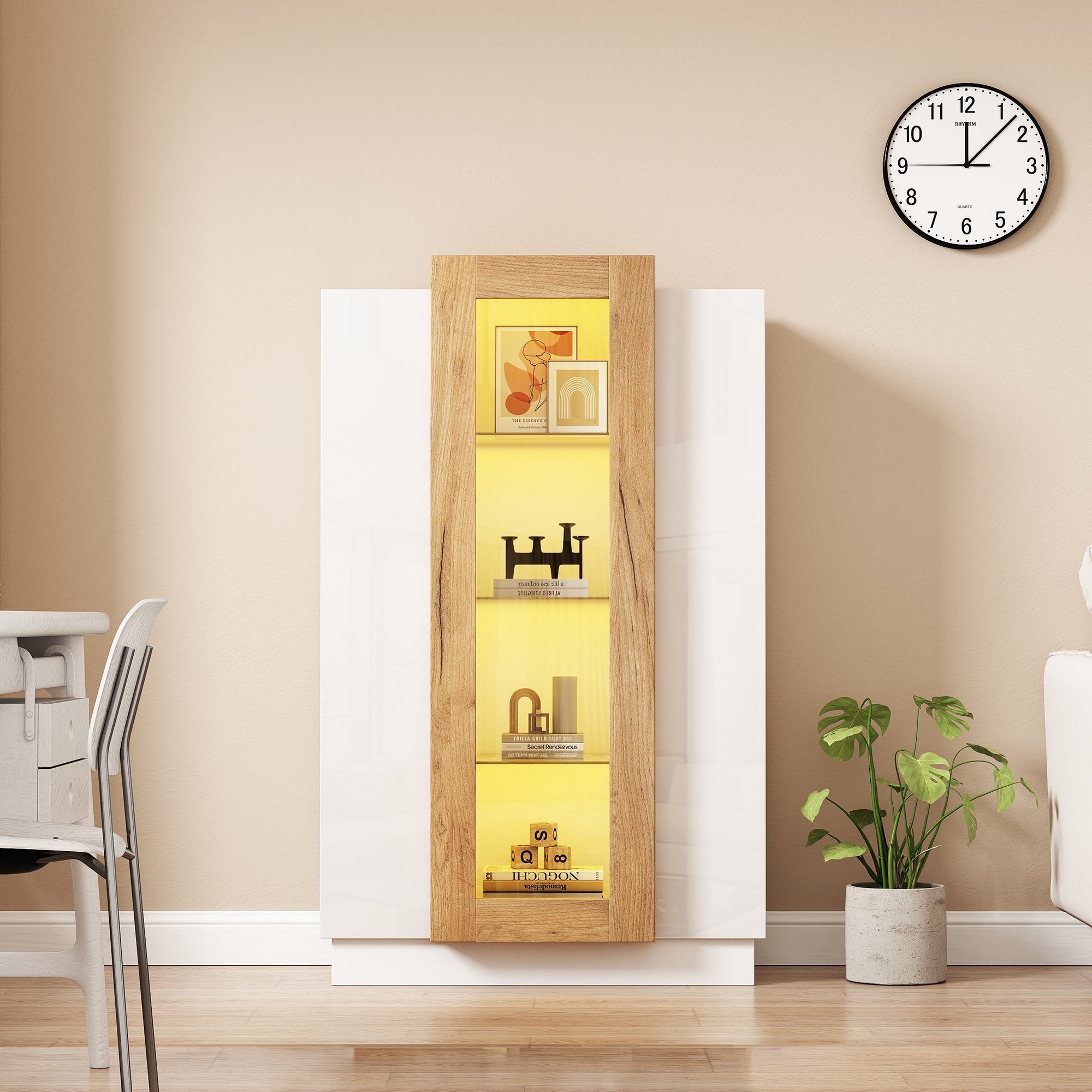 Living Room Cabinet, 3-Door High-Gloss LED Display, Glass Shelves & Drawer, Transparent