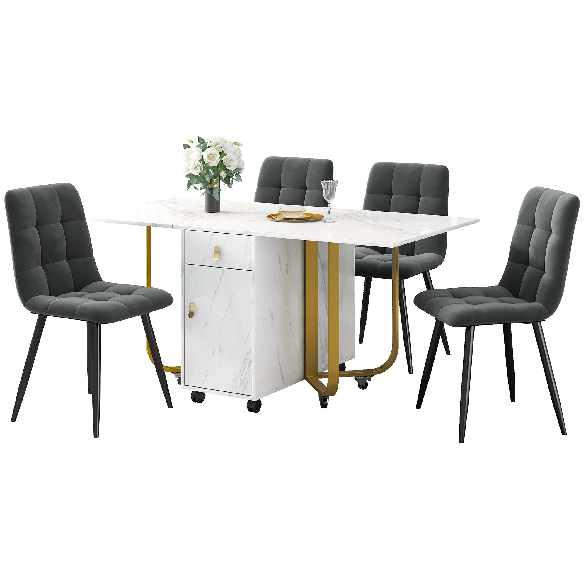 Dining Set, 150x80x76cm Folding Table, 4 Velvet Chairs, White MDF & Black Legs