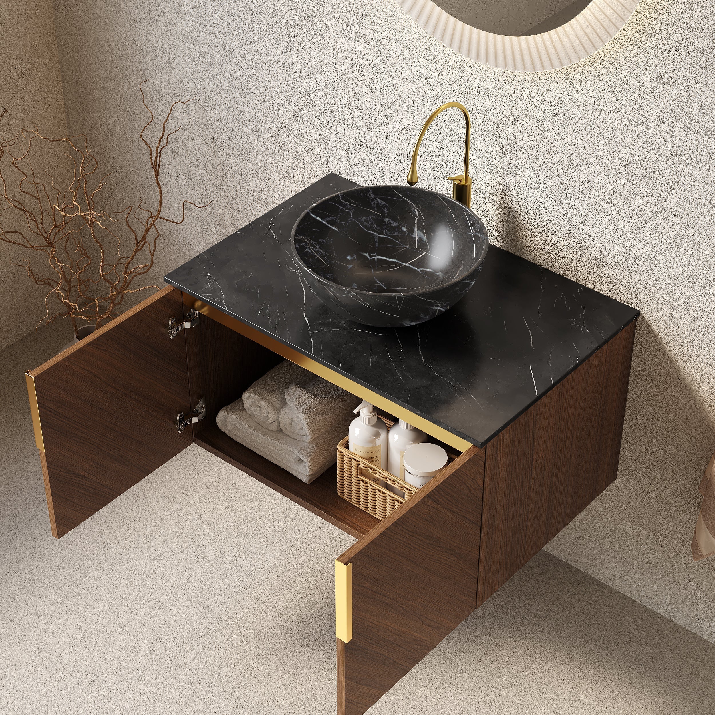 ARAI 76cm Wall Mount Bathroom Vanity with Black Bowl, Stone Pattern Ceramic Basin, Black Sintered Stone Countertop, Plywood Cabinet with 2 Doors, Espresso Wood Grain
