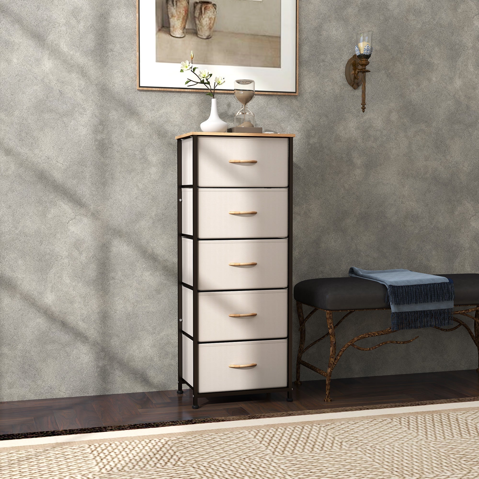 Fabric Chest of Drawers, Industrial 5 Drawer Dresser with Steel Frame, Cream White