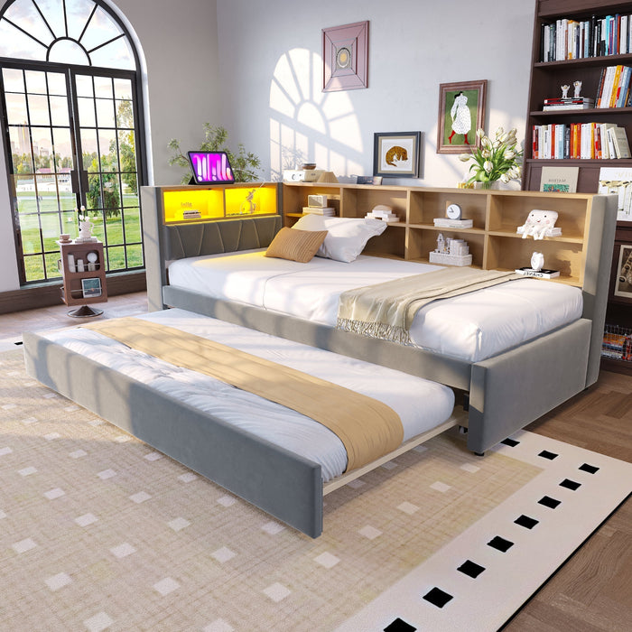 Sofa Bed 90x200 Pull-out LED Storage Flannel Dark Grey