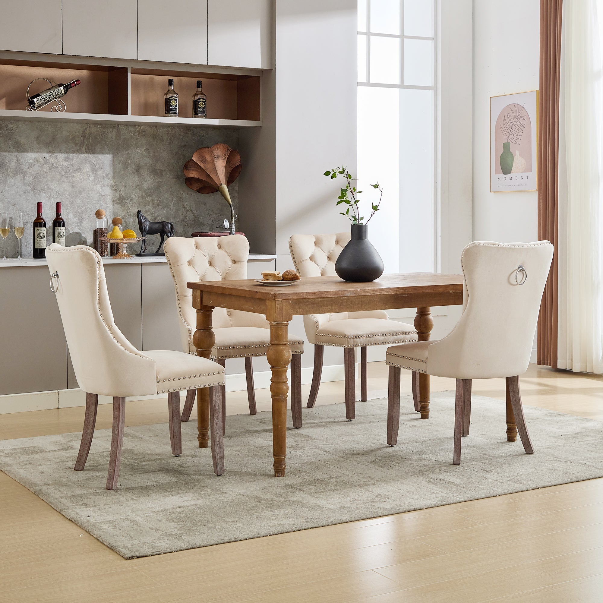 Modern Set of 4 Upholstered Dining Chairs with Button Tufted Velvet, Brushed Wood Legs, Riveted Trim, and Knocker Ring, Beige