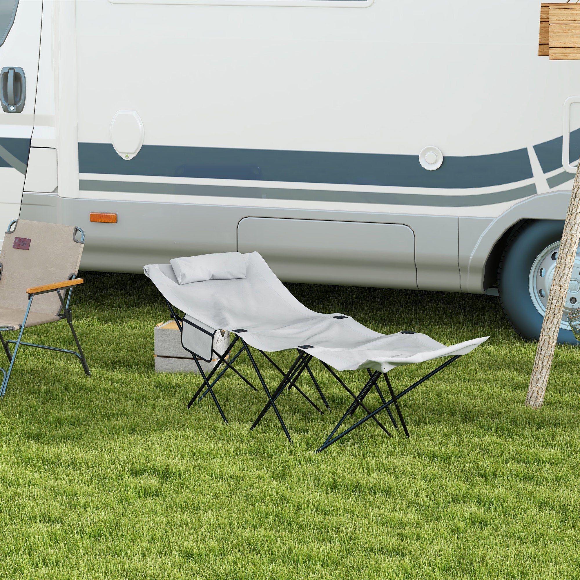 Camping Cot, Single Folding Portable with Side Pocket Headrest, Light Grey Oxford