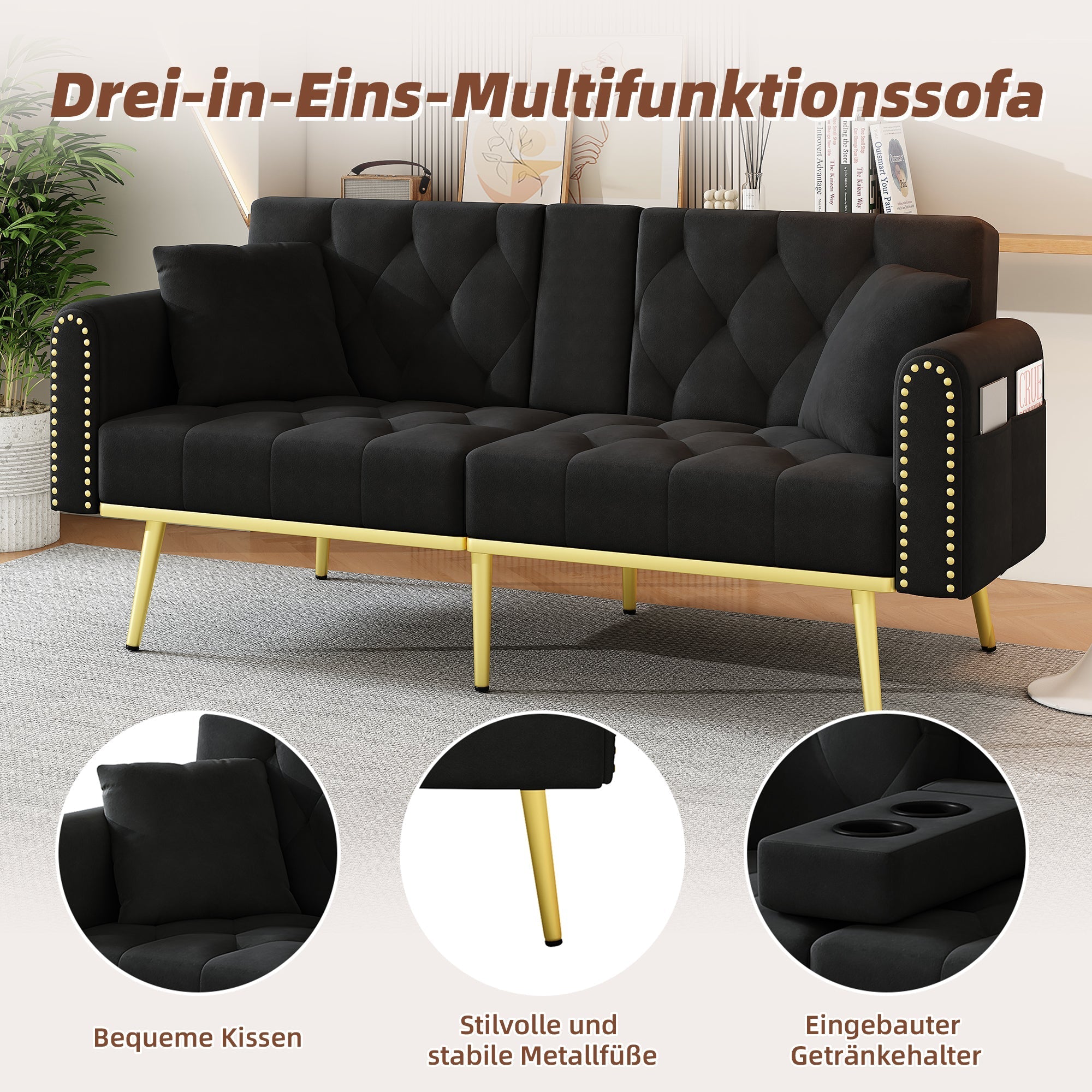 Double Sofa Bed Reclining 3 Angles Cup Holders - Fabric Black