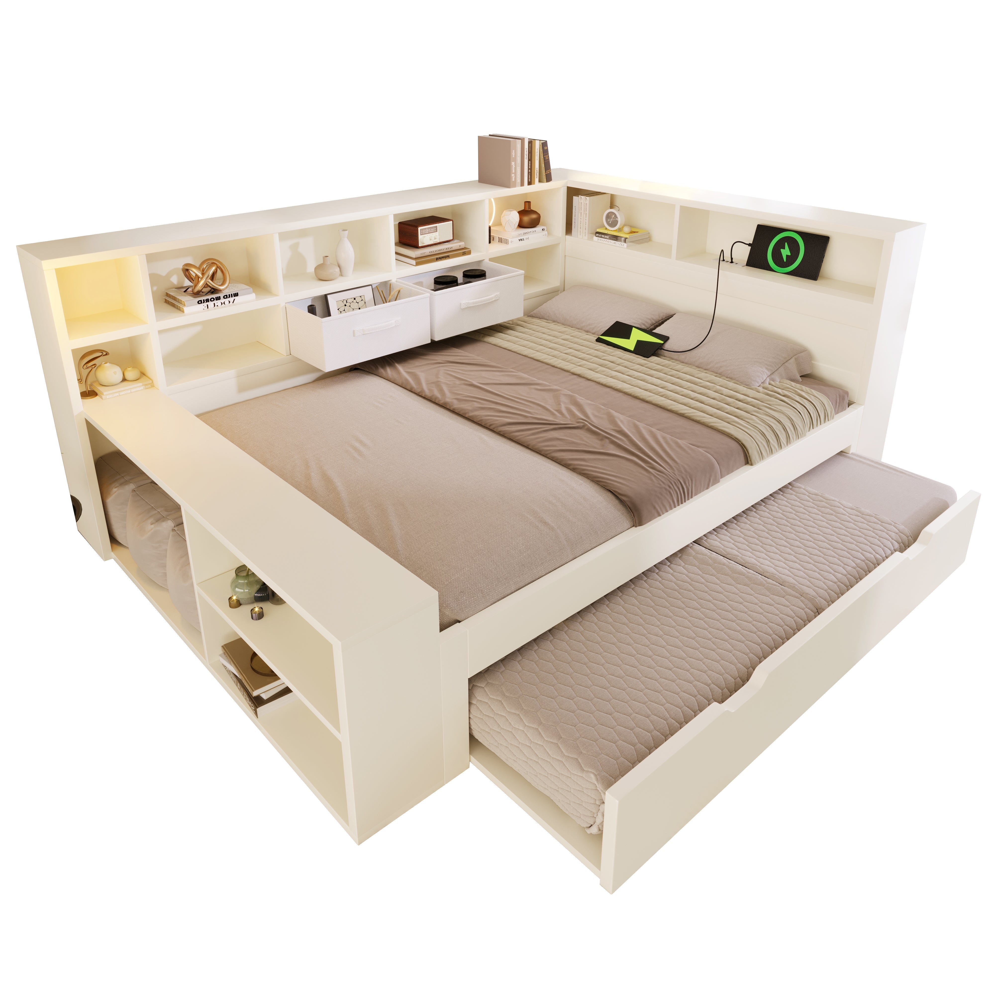Storage Bed 140x200 with Pull-out Bed, 8 Storage Compartments and USB Charging Ports, White Wood