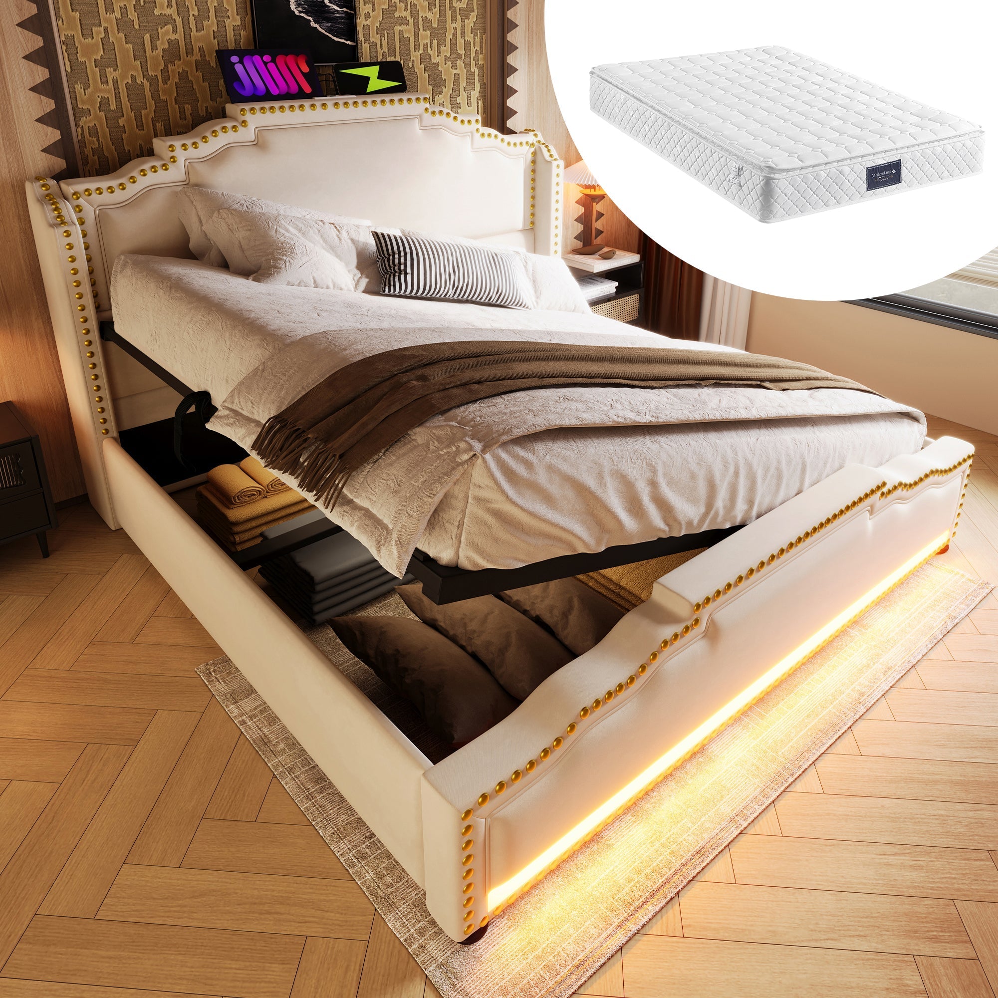 Upholstered Bed 140x200, Hydraulic Storage, LED, USB-C, Slatted Frame, Velvet Beige