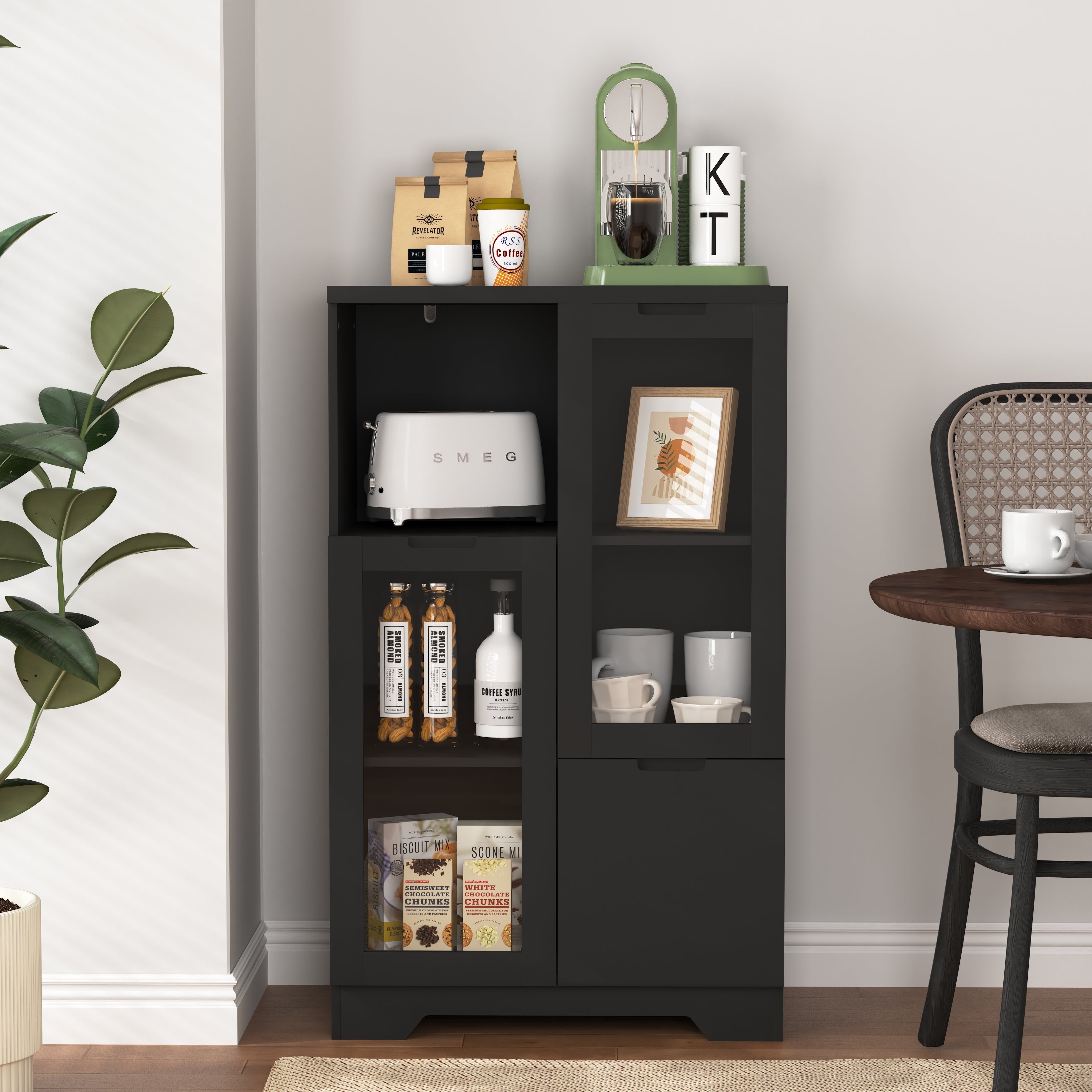 MDF Cabinet Glass Doors Drawer Open Storage - Black