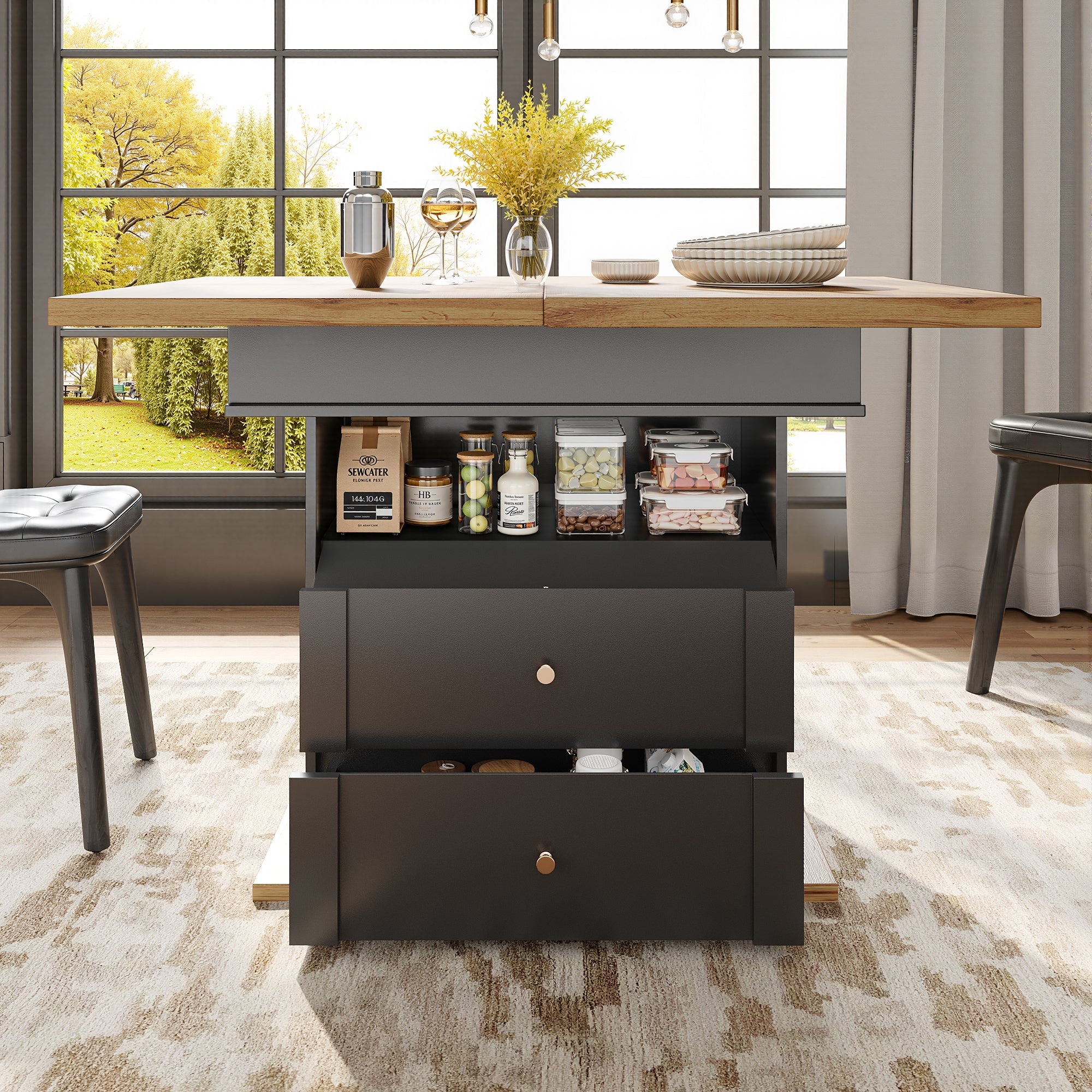 Telescopic Dining Table, 110-140 x 80 cm, Extendable for 4-6 People, Minimalist Design, Black