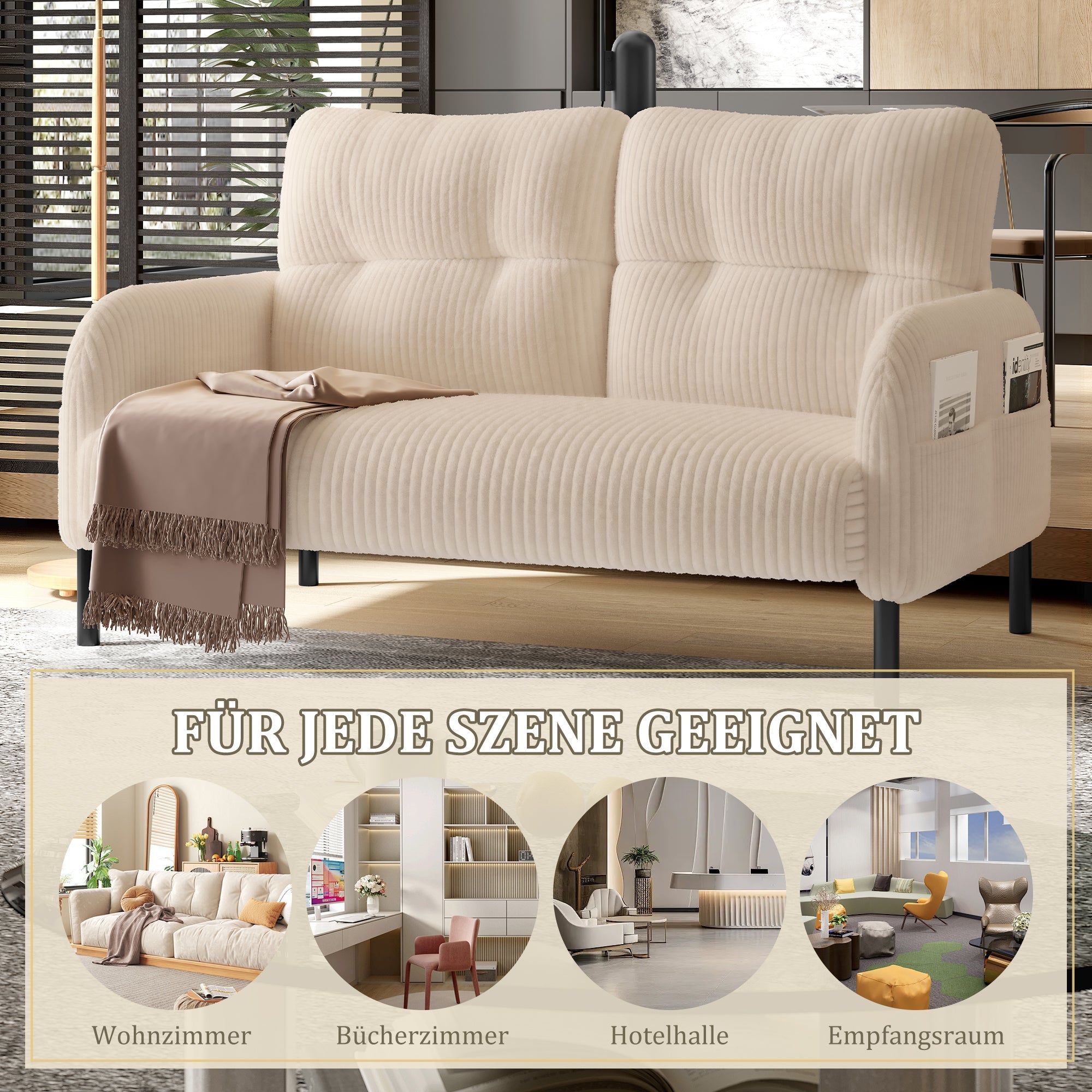 Corduroy Two-Seater Sofa, Comfort Padding High Back Side Pockets, Metal Feet