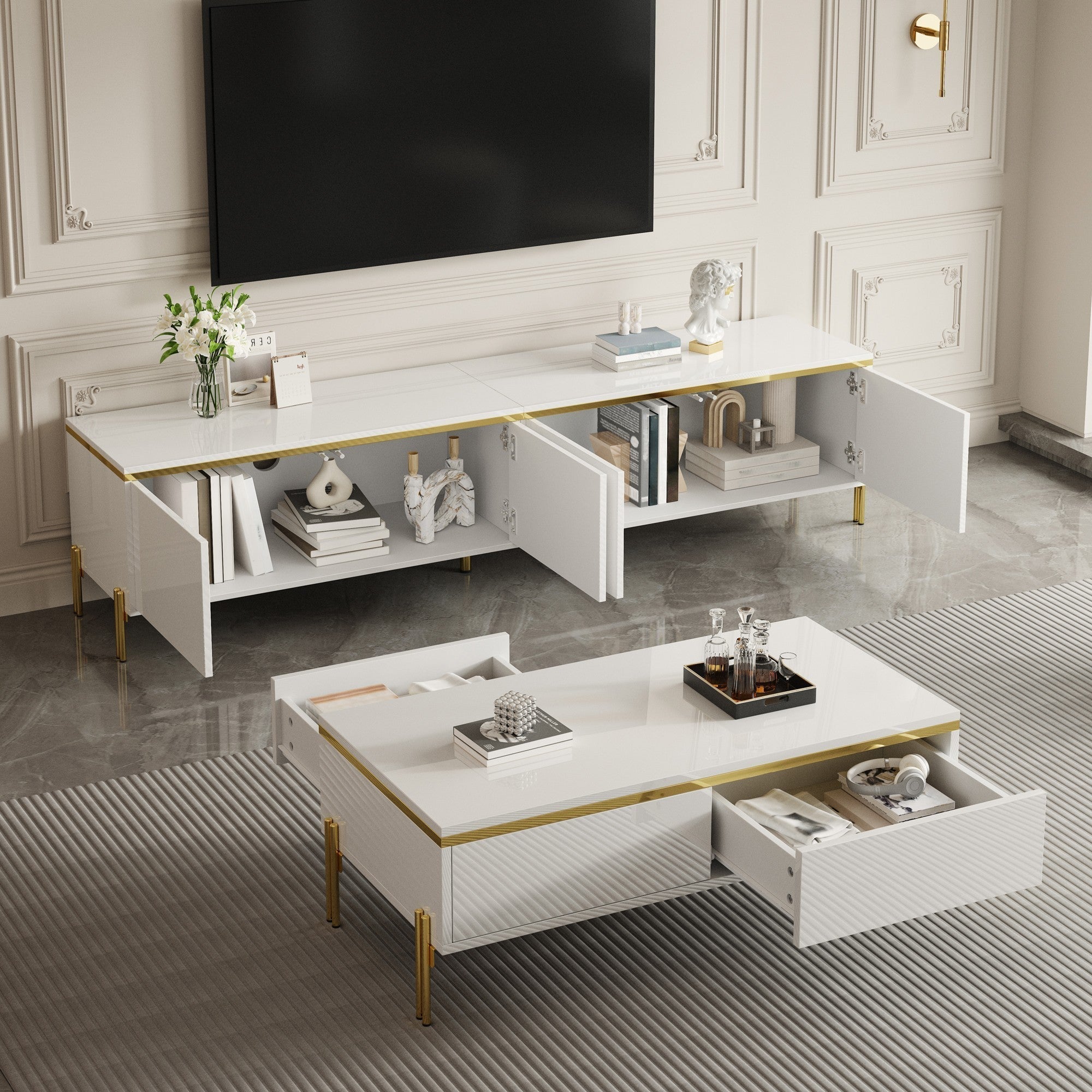 TV Cabinet and Coffee Table Set Modern Luxury High-Gloss Gold Edges Storage - Solid Color