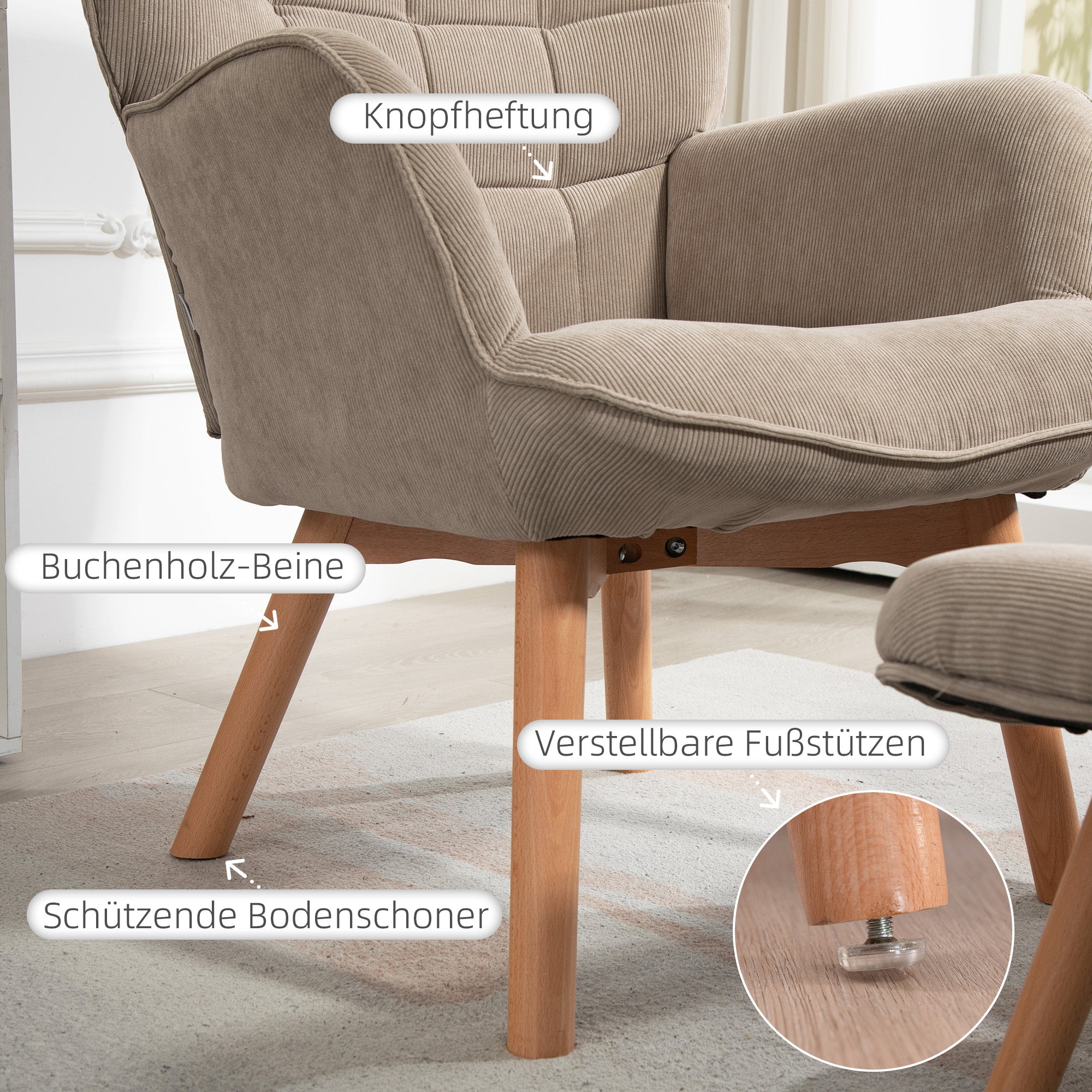 Ohrensessel mit Fußhocker, Polsterstuhl Beige Cord