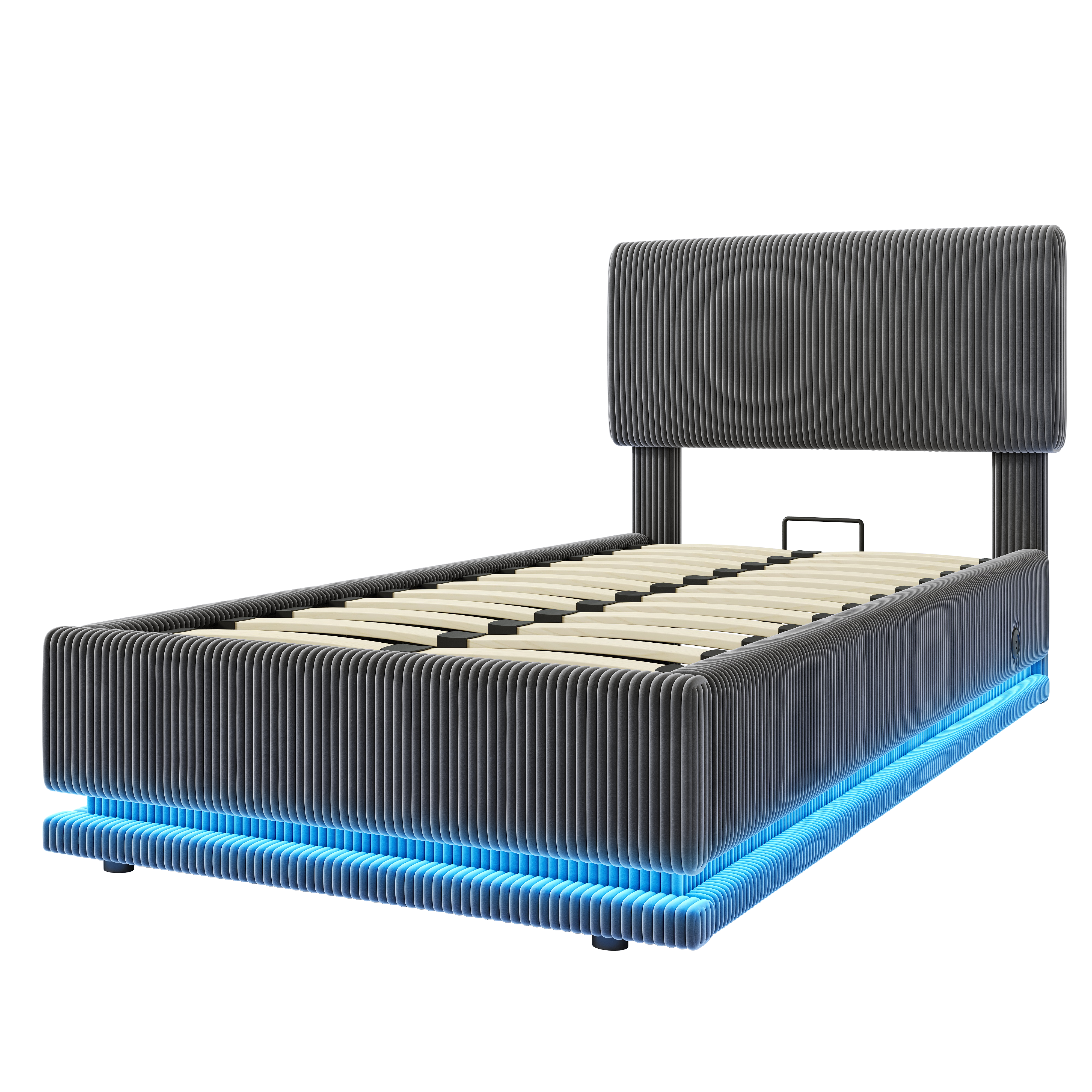 Modern Upholstered Bed with LED, USB-C Charging and Storage, 90x200, Gray Corduroy