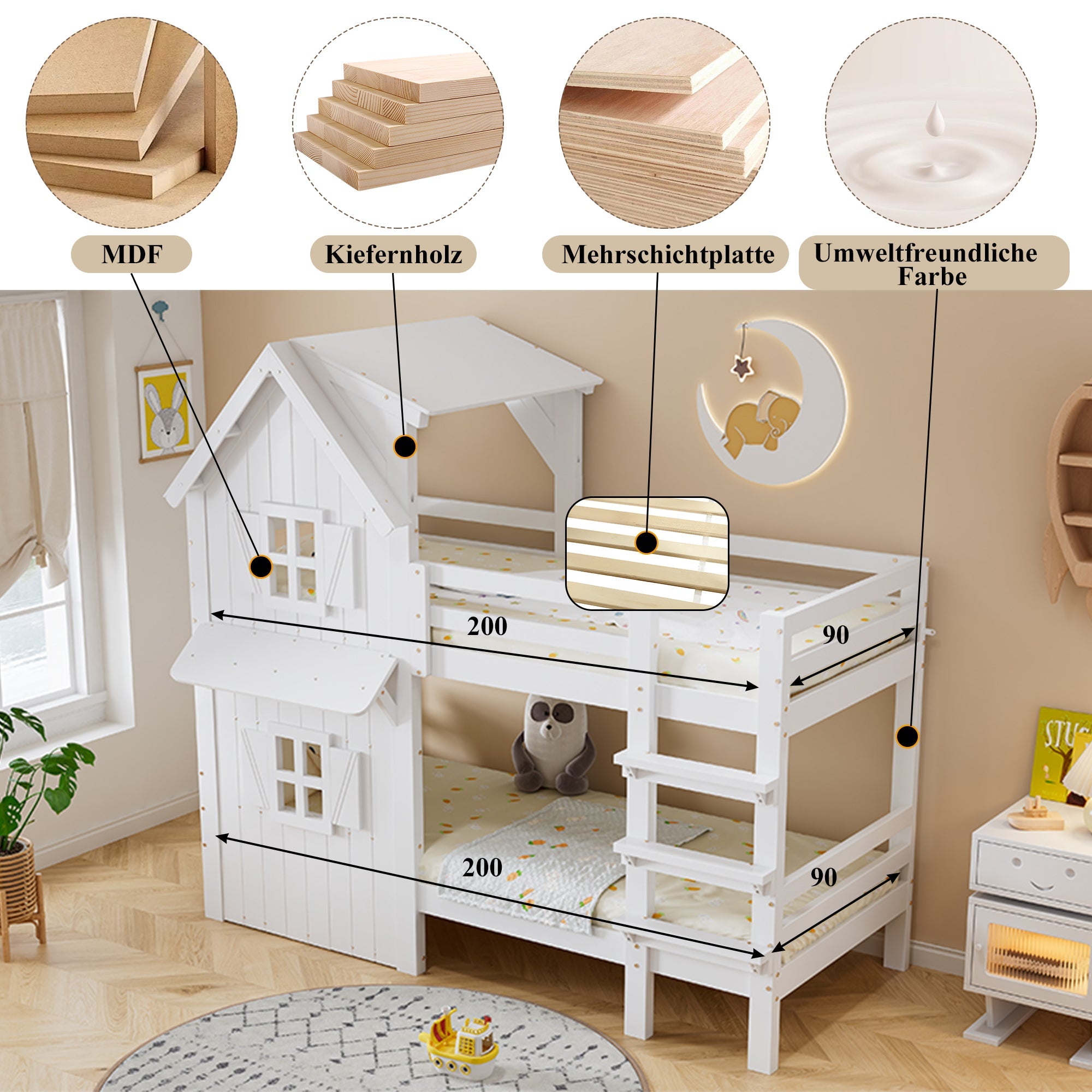 Bunk Bed Kids House, Safety Rails Ladder Slatted Base, Pine/MDF/Plywood White 90x200cm