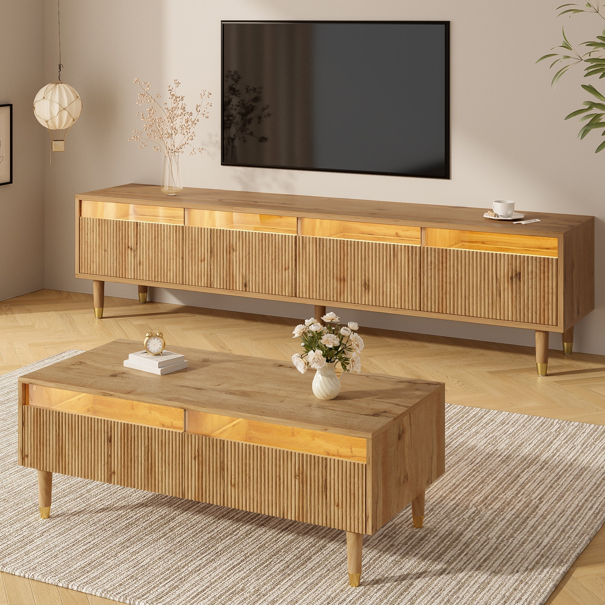 Modern LED Furniture Set: TV Cabinet 4 Doors Coffee Table 2 Drawers, Wood-Gold Design