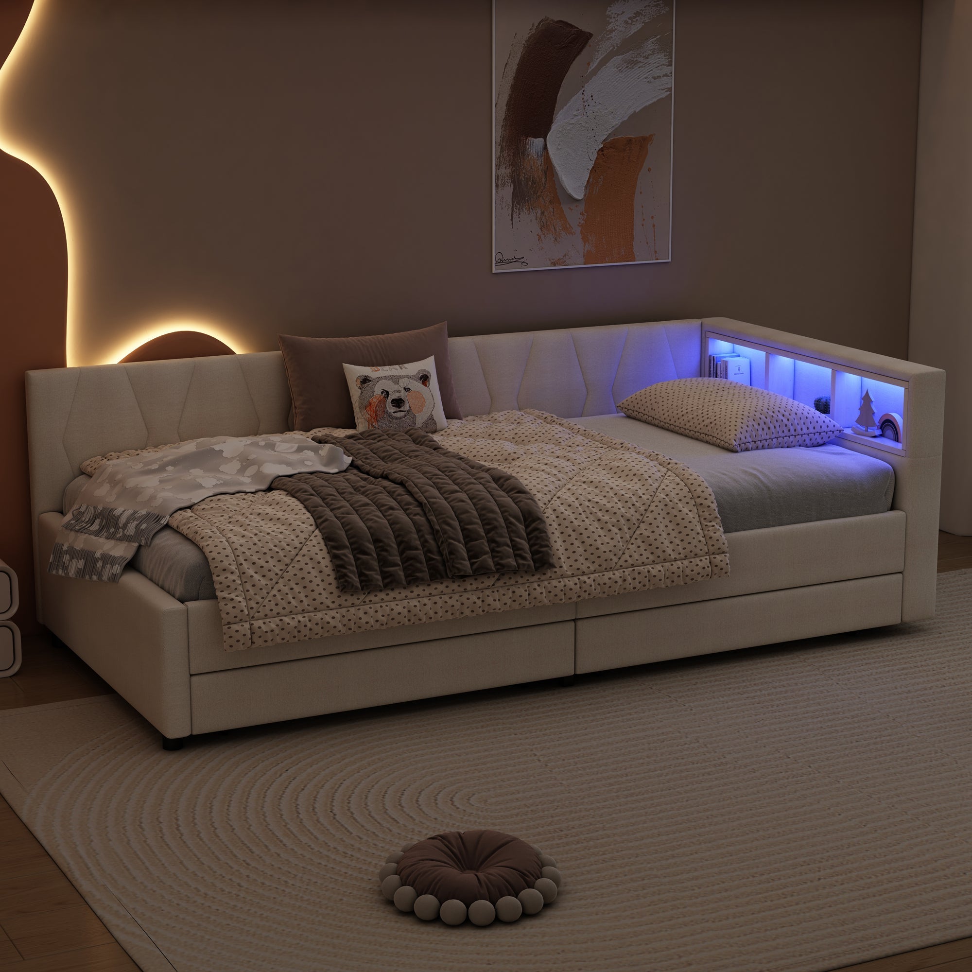 Daybed Sofa Bed 90x200cm Storage USB/Type-C LED Light 2 Drawers - Linen Beige