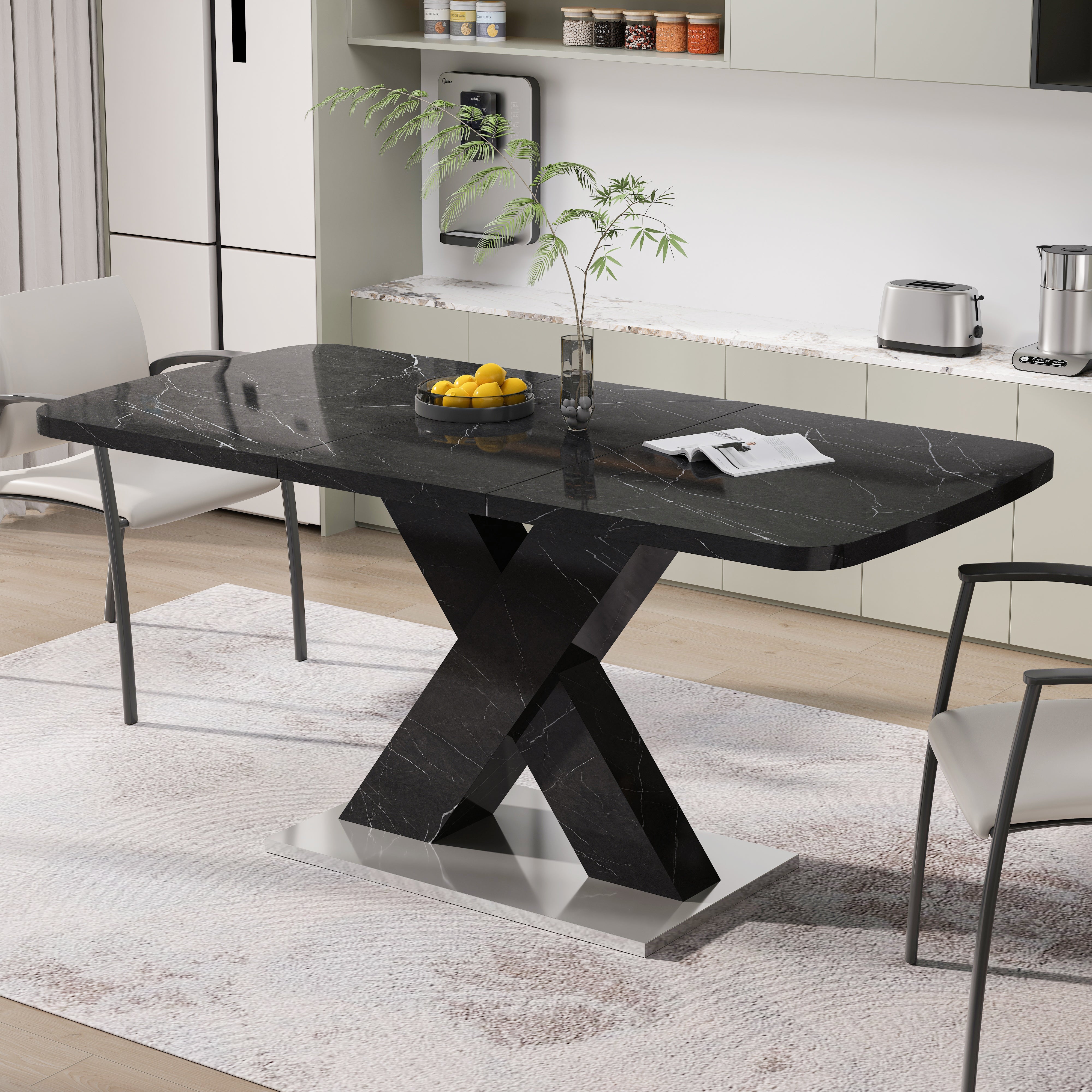 Dining Table 120-160CM Modern Stretchable Rectangle Marble Top, Black MDF/Metal