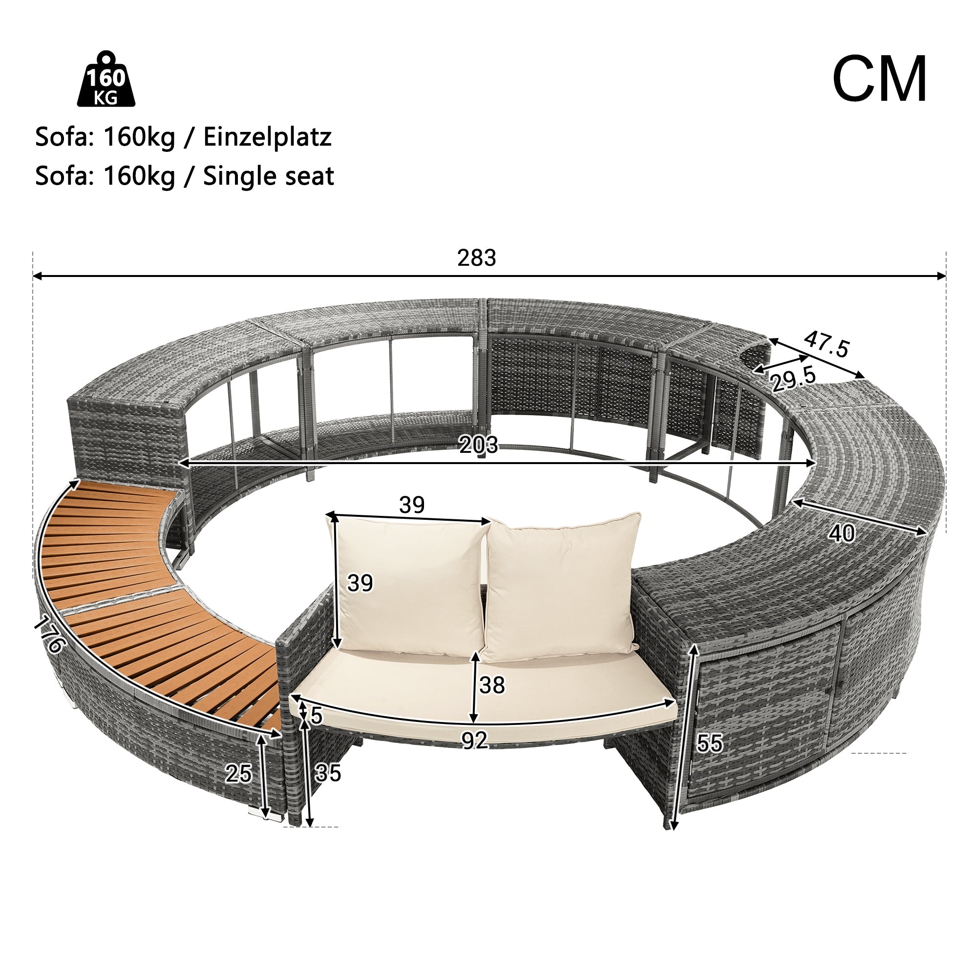 Garden Lounge Set Round Sofa Adjustable Feet Cushions
