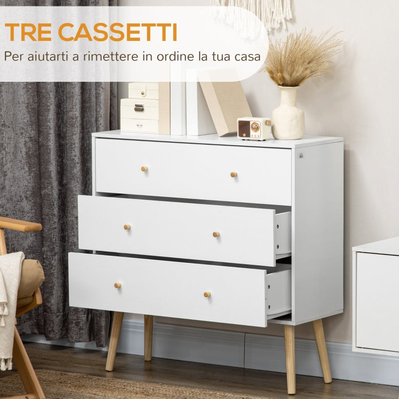 Chest of Drawers, 3-Drawer Storage Organiser Unit with Wood Legs, White