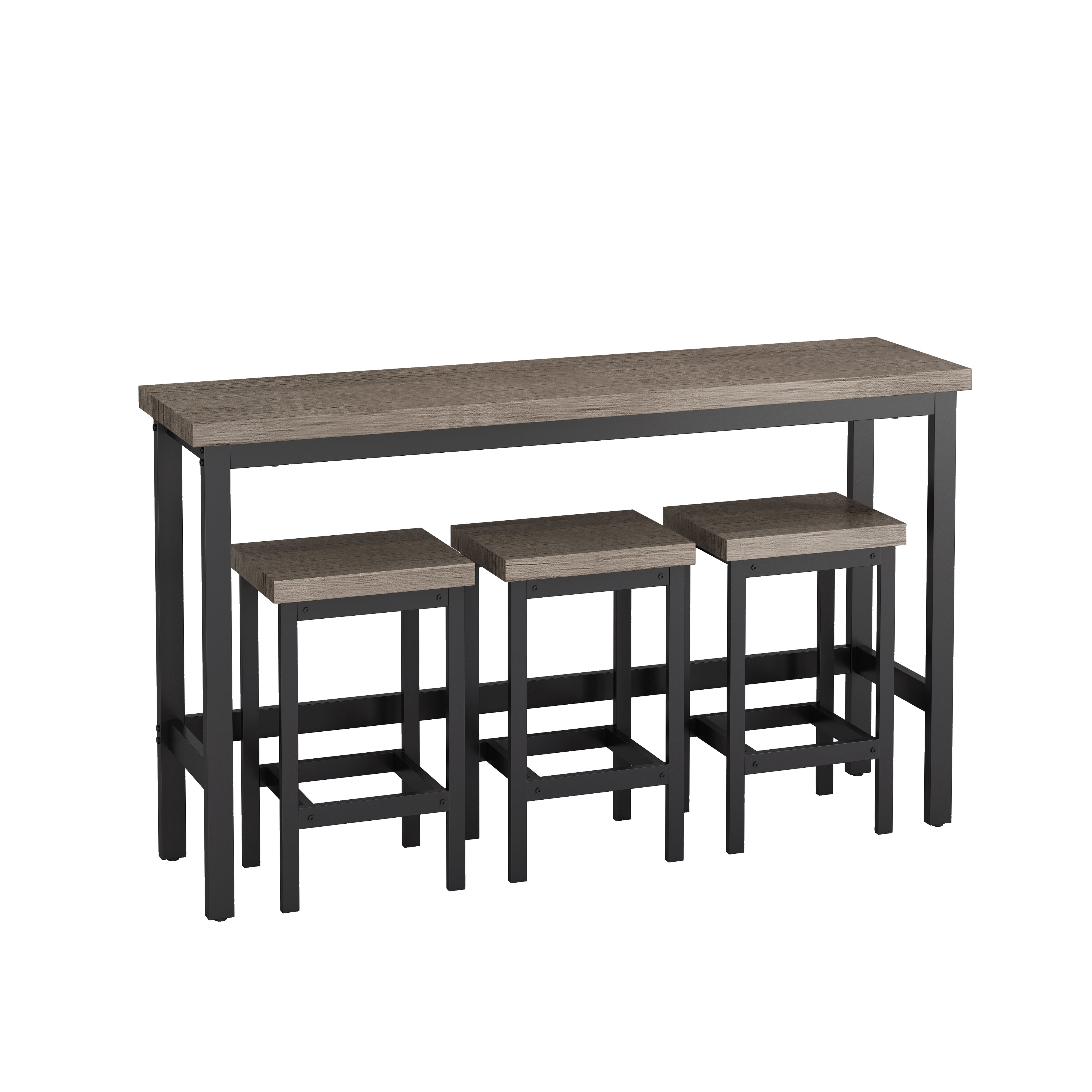 148CM Dining Table Set with 3 Stools, Modern Design, Brown Gray