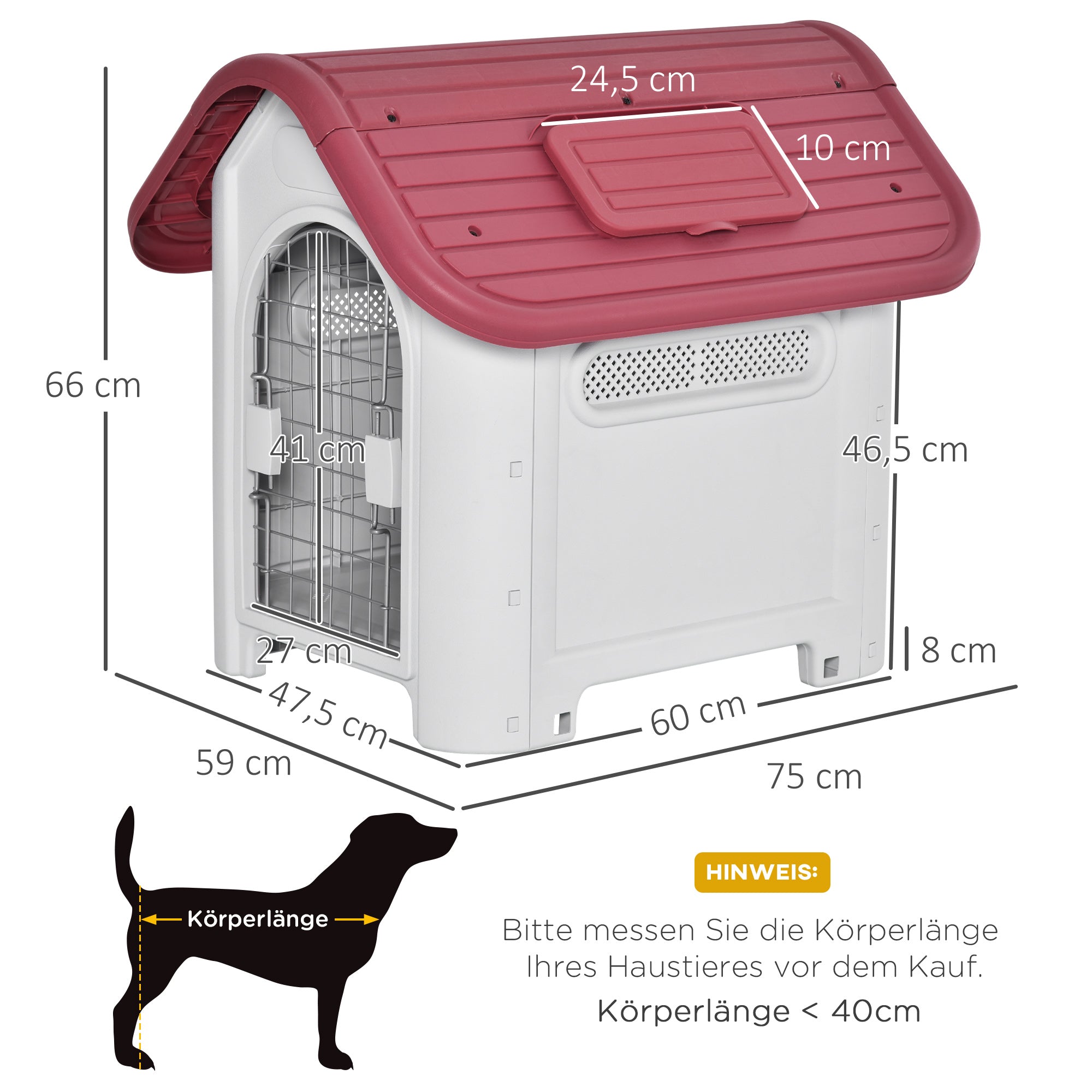 Hundeaußenzwinger mit Dachluke, Tor, Luftzirkulation, Rot