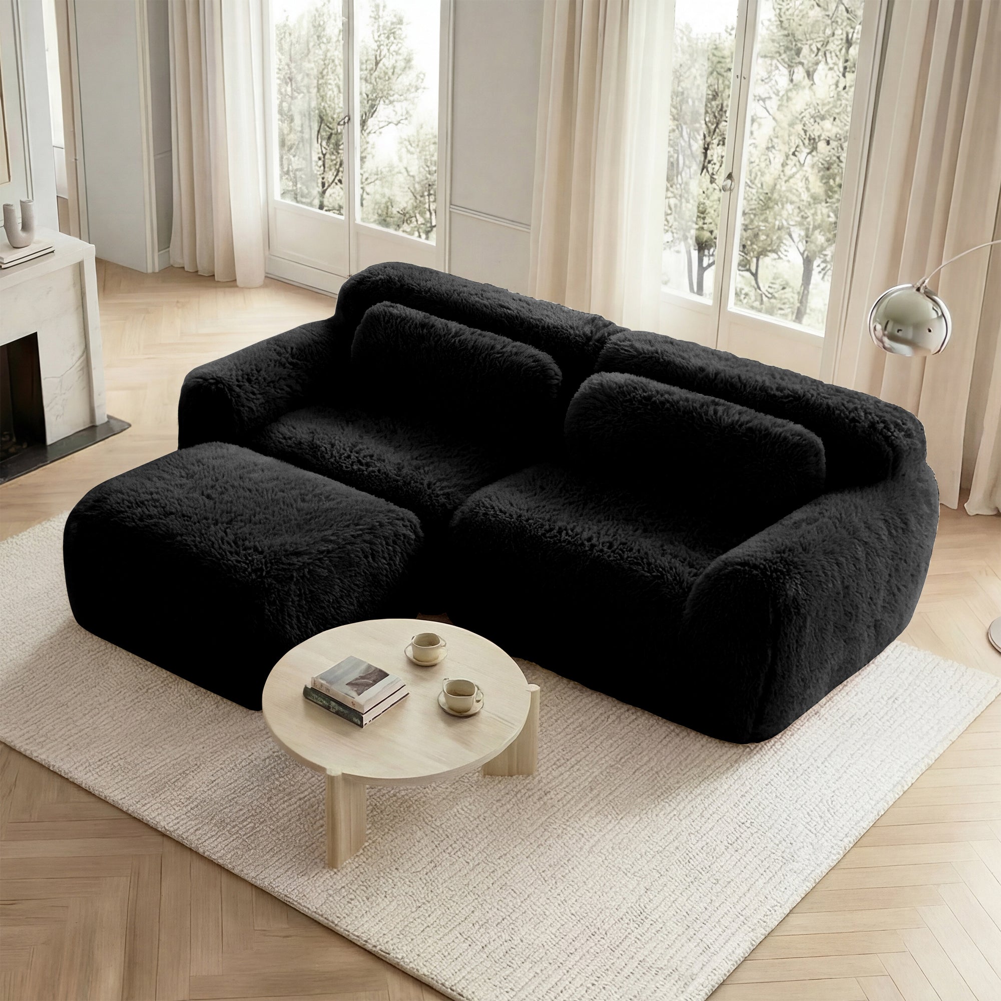 L-shaped 2-seater Sofa Modular Plush Fabric with Cushions - Black