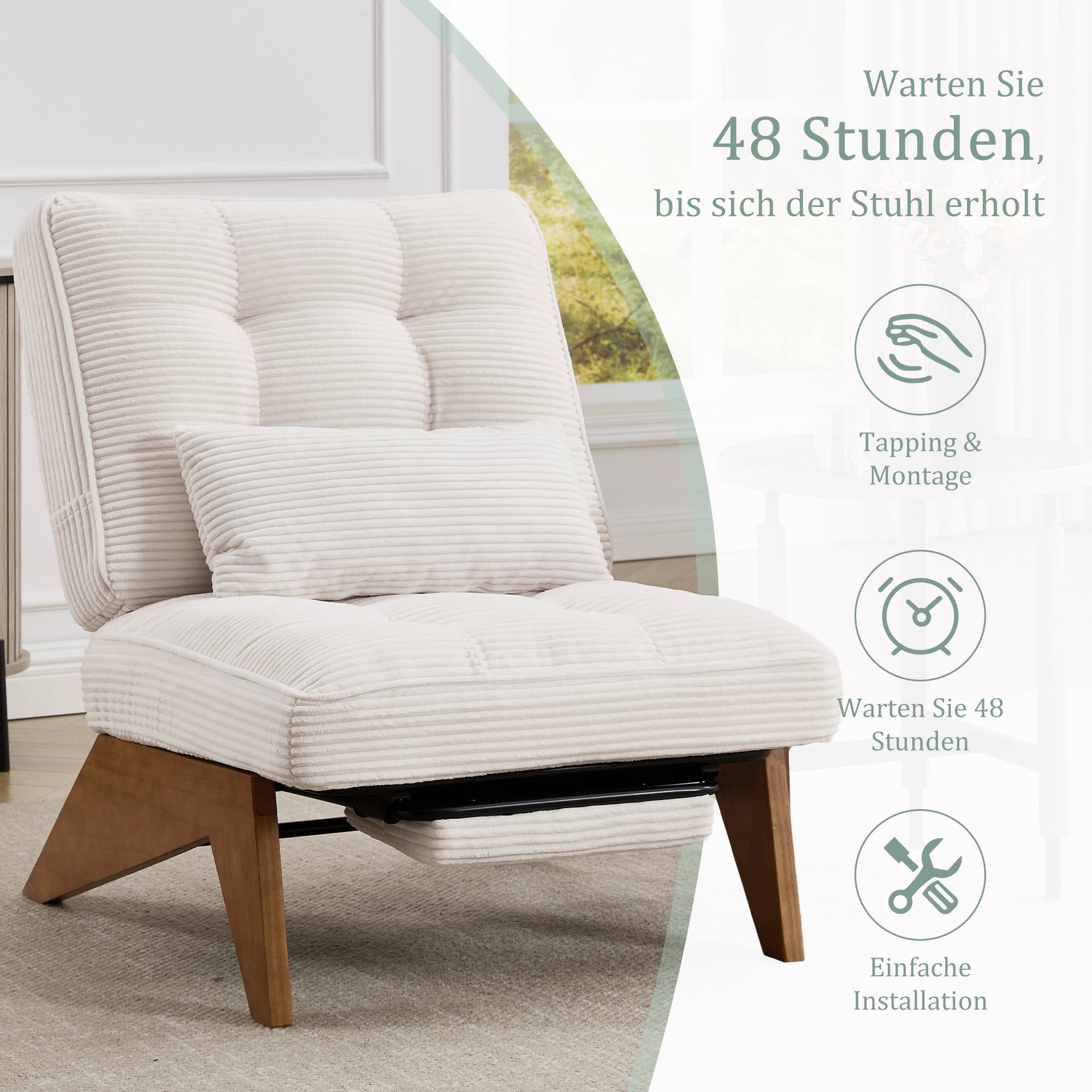 Modern Adjustable Backless Lounge Chair with Footrest, Lumbar Cushion, and Wooden Legs, Fabric
