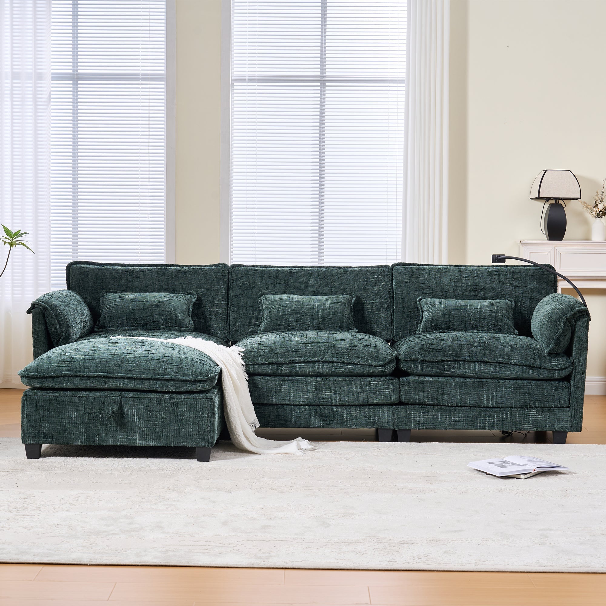 Modern 2-seater Sofa, USB Port Side Storage, Modular Footstool, Chenille Emerald