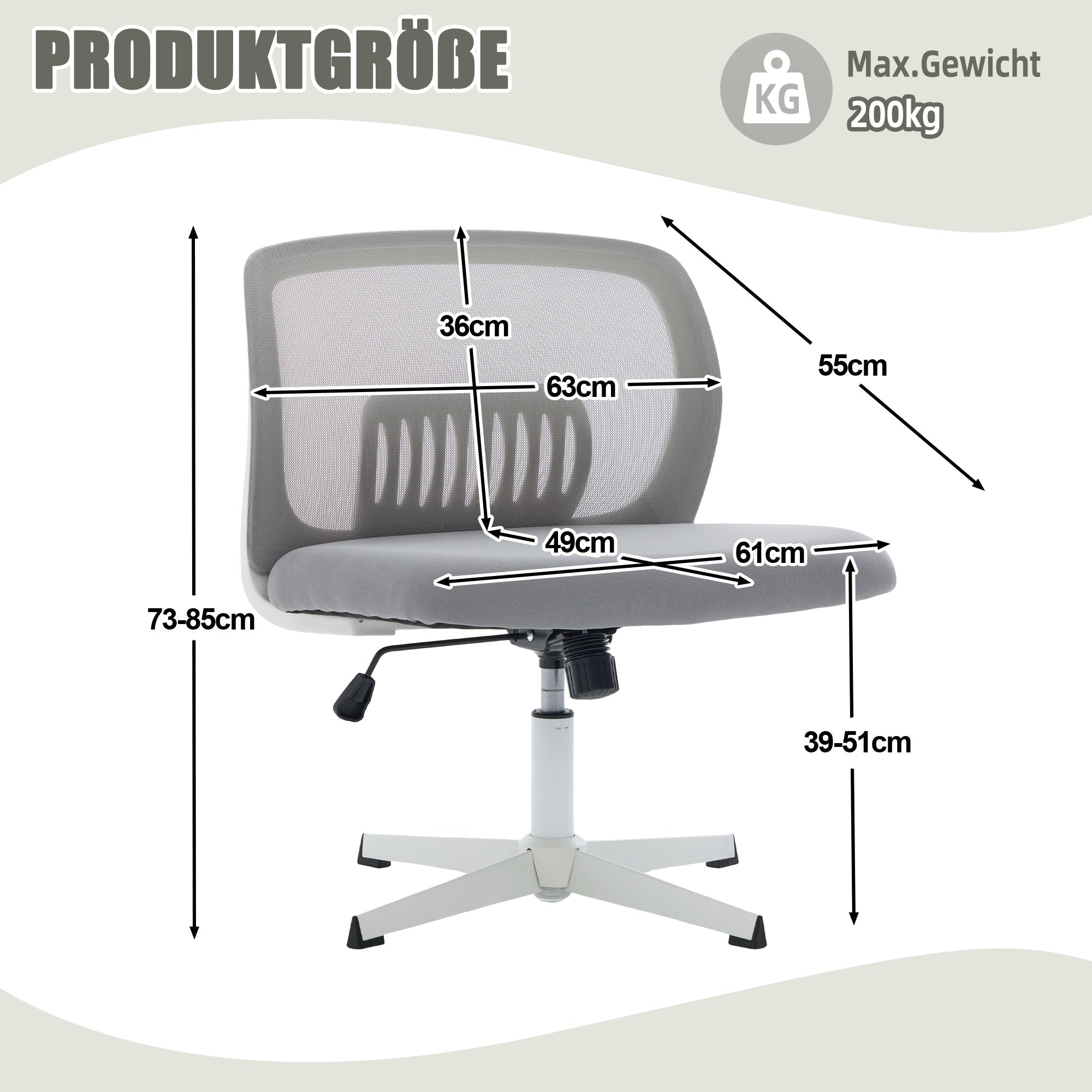 Armless Office Chair, Upholstered, Rocking, Height Adjustable, 360° Rotatable