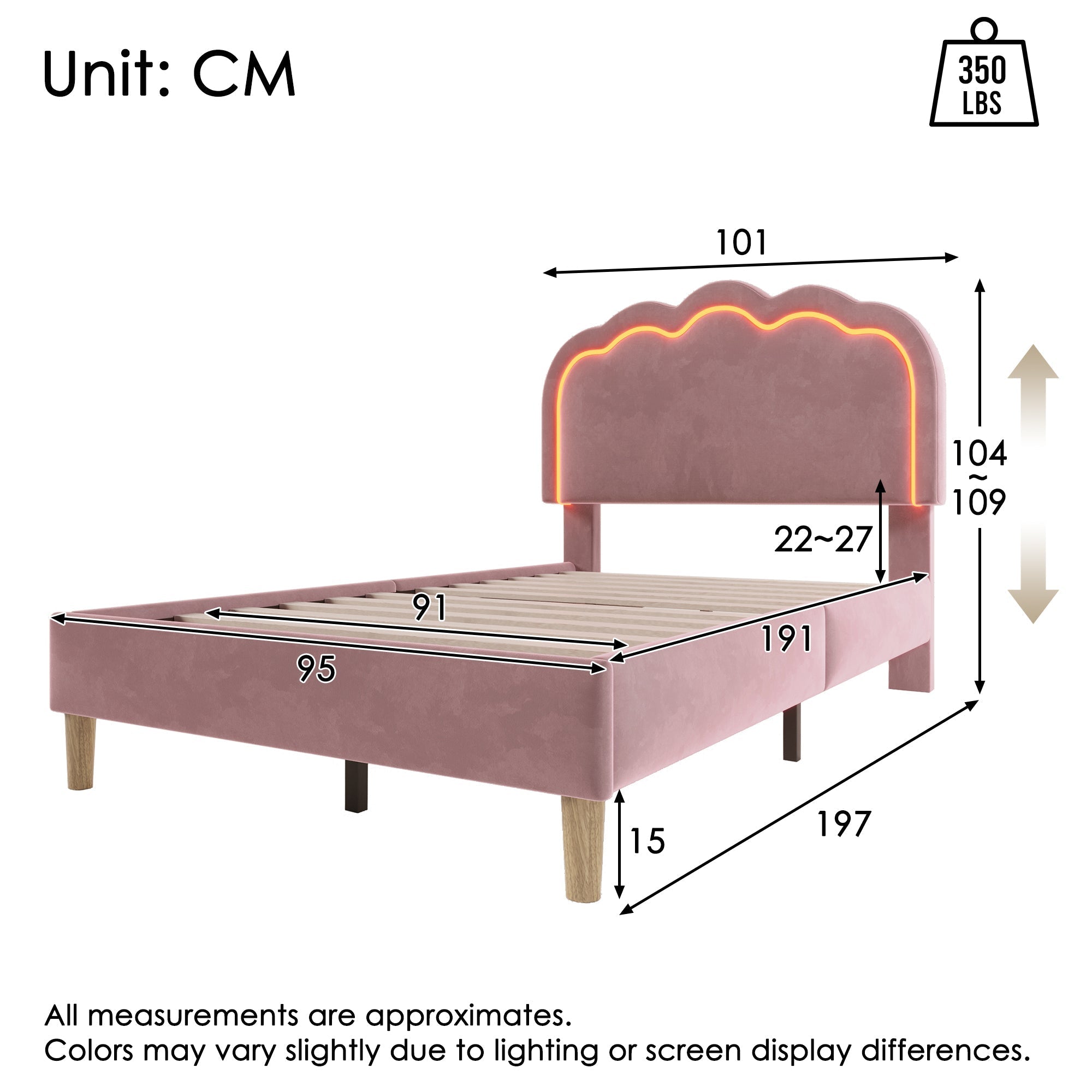 Upholstered Bed, LED, Adjustable Headboard, Pink, Velvet Material