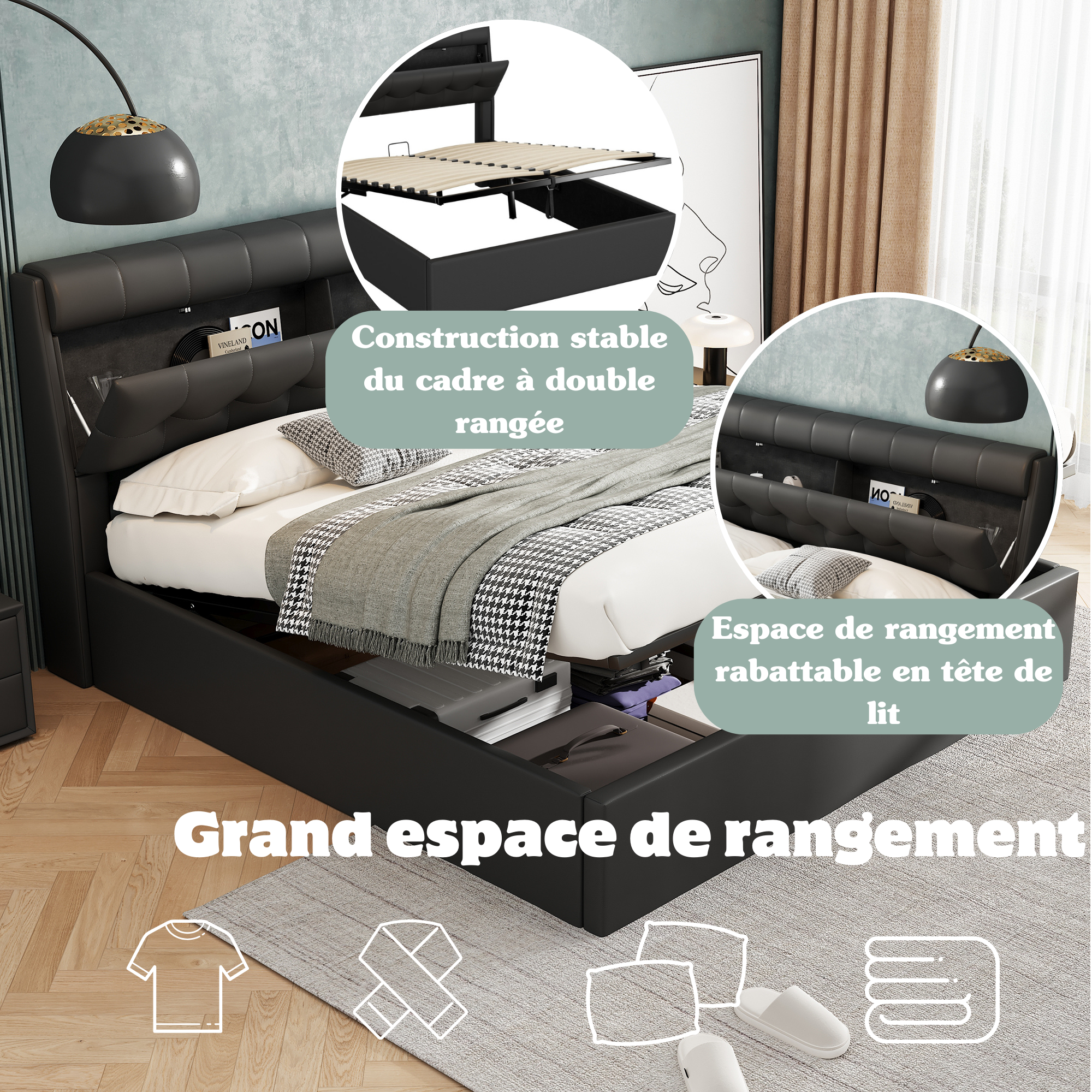 Upholstered Hydraulic Bed with Headboard and Ottoman Storage, 140x190cm, Black PU